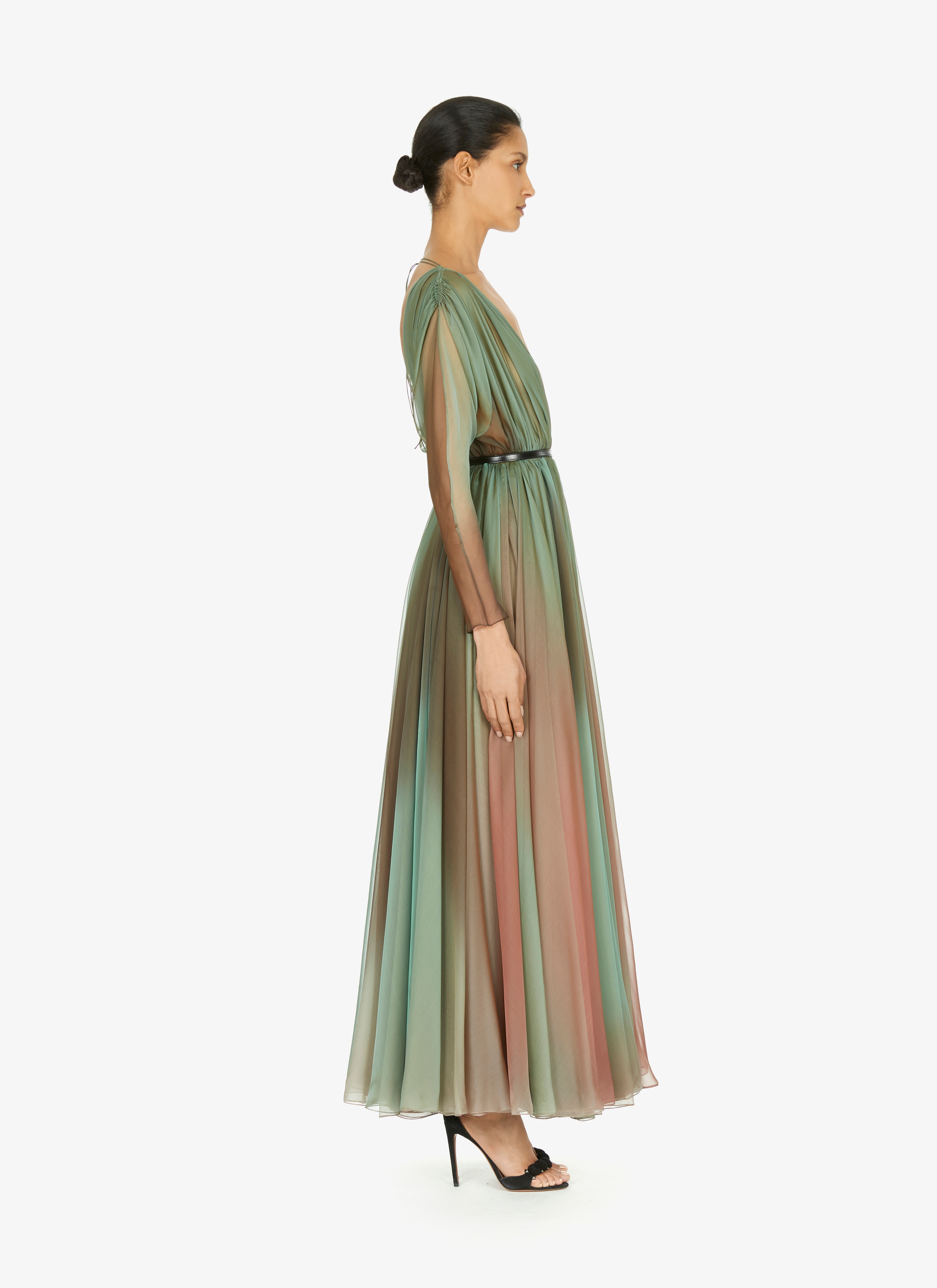 ALAÏA LAGOON BLUE PLEATED SILK CHIFFON DRESS WITH OPEN BACK
