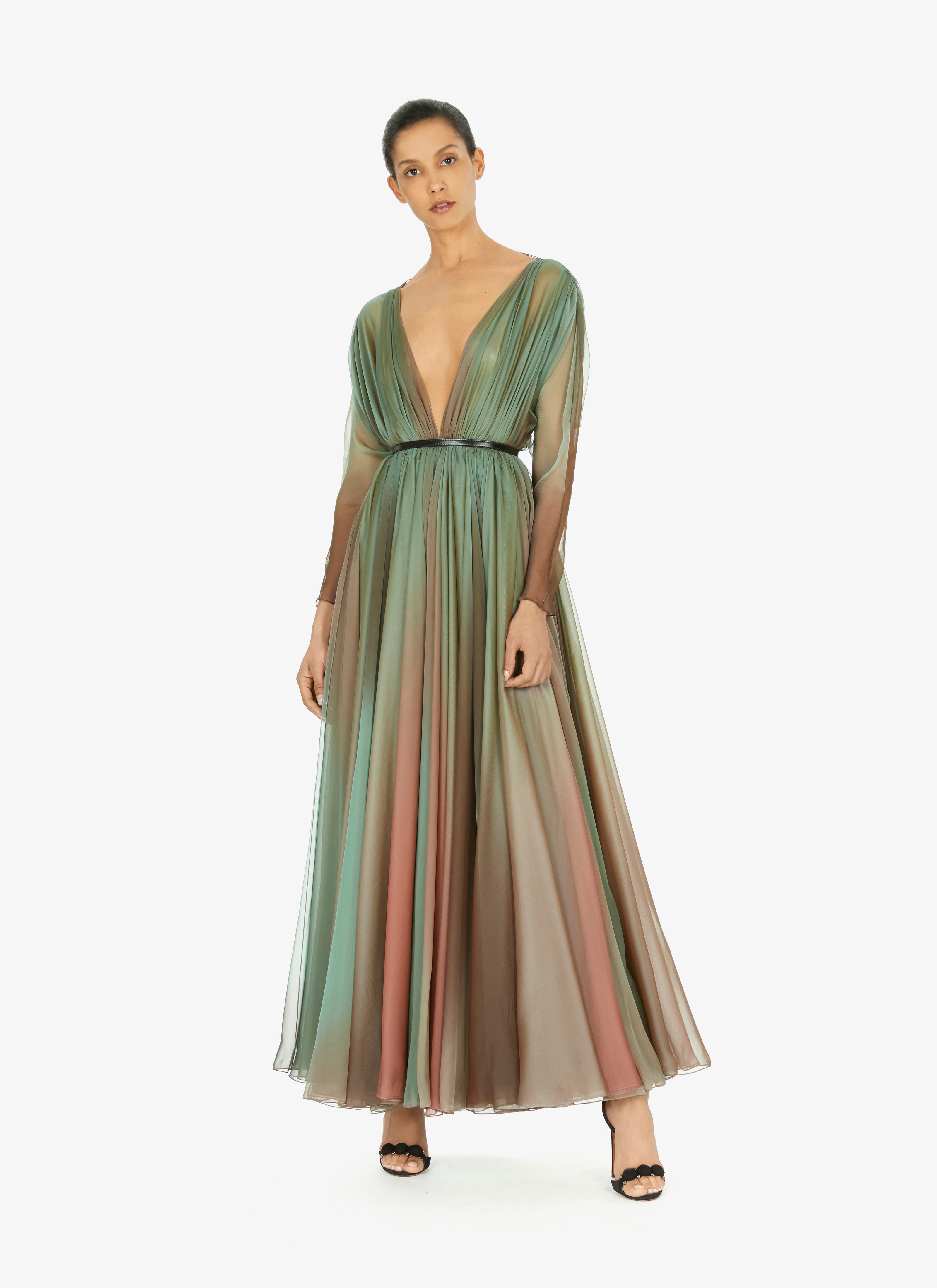 ALAÏA LAGOON BLUE PLEATED SILK CHIFFON DRESS WITH OPEN BACK