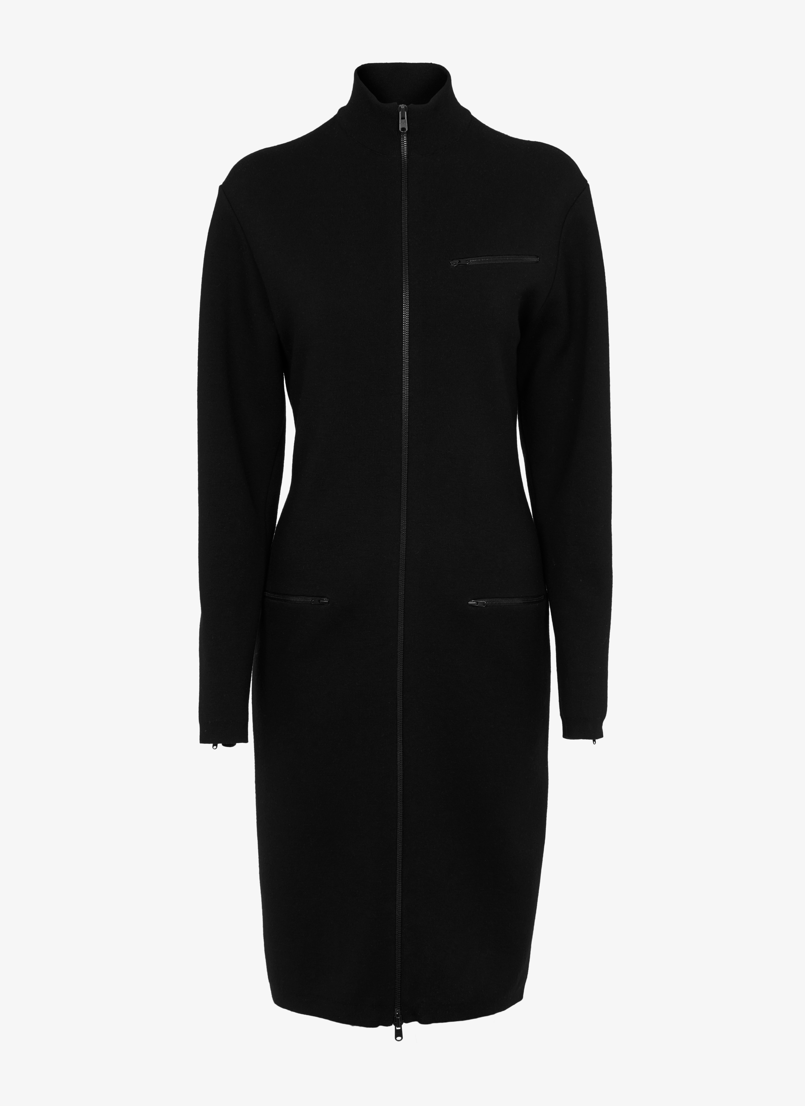 ALAÏA BLACK STRAIGHT-CUT WOOL JERSEY AND STRETCH VISCOSE DRESS