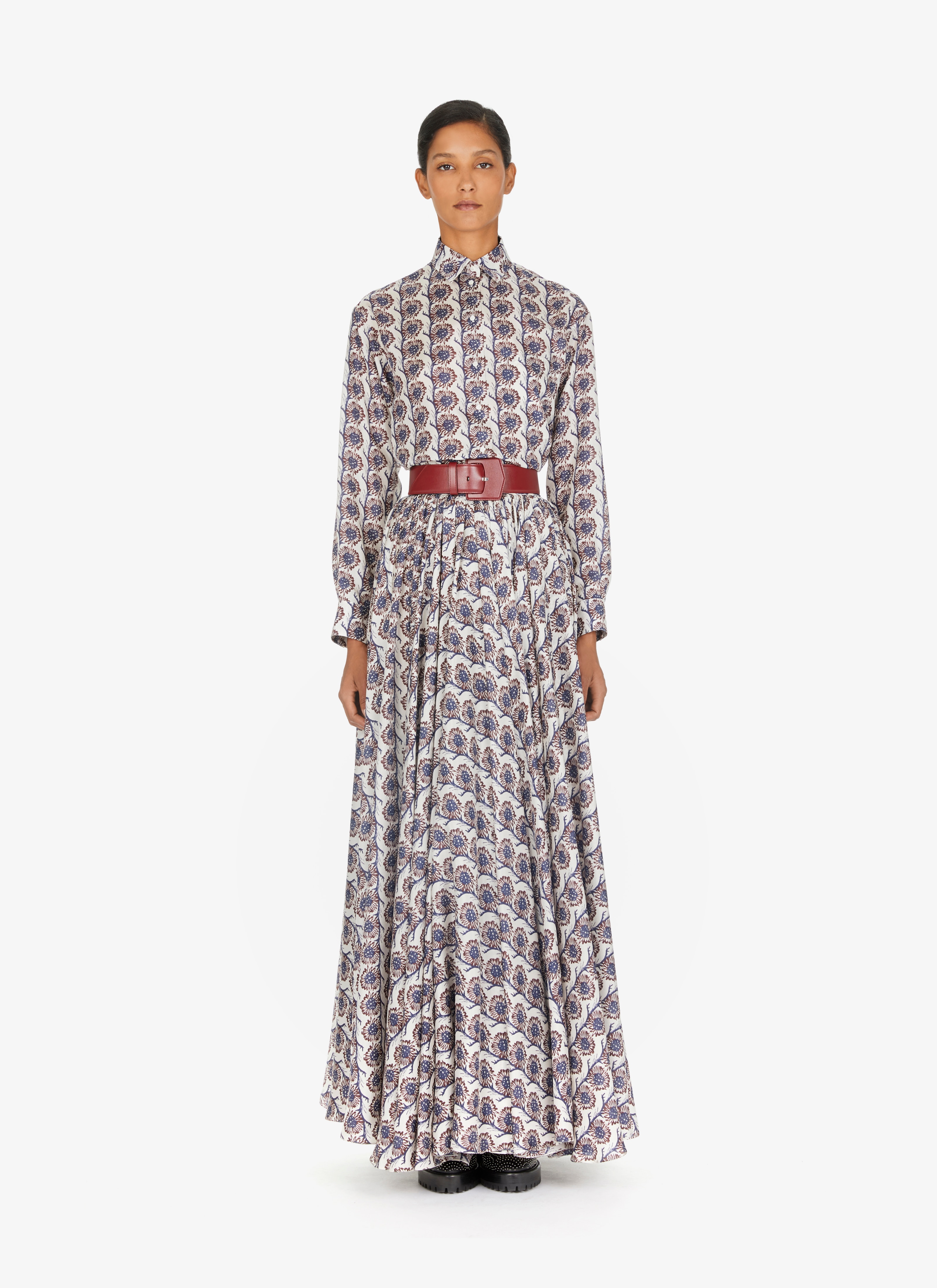 ALAÏA WHITE/BROWN WIDE PRINTED HABOTAI SILK SKIRT 