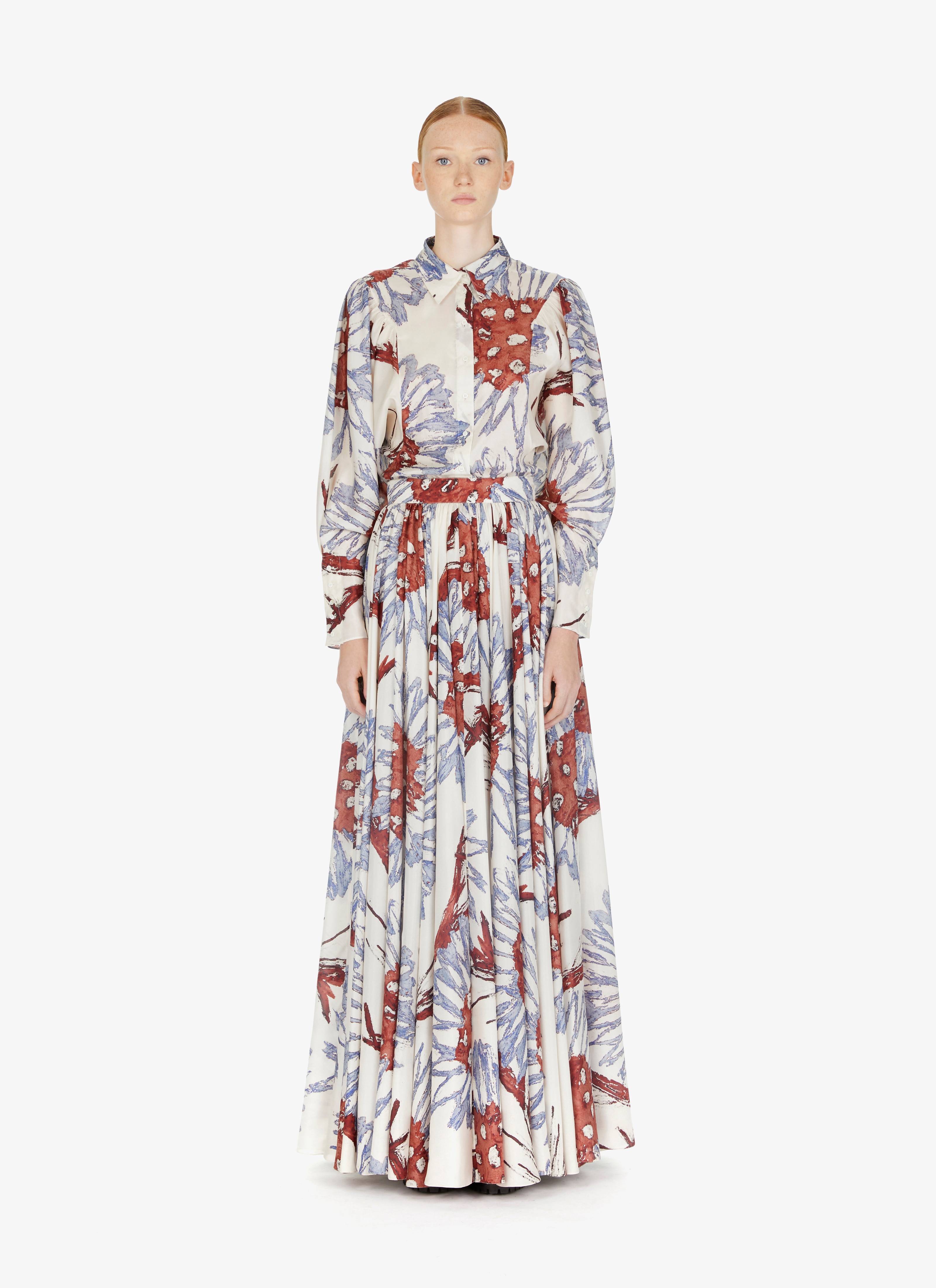 ALAÏA WHITE/GRAY BLUE WIDE PRINTED HABOTAI SILK SKIRT 