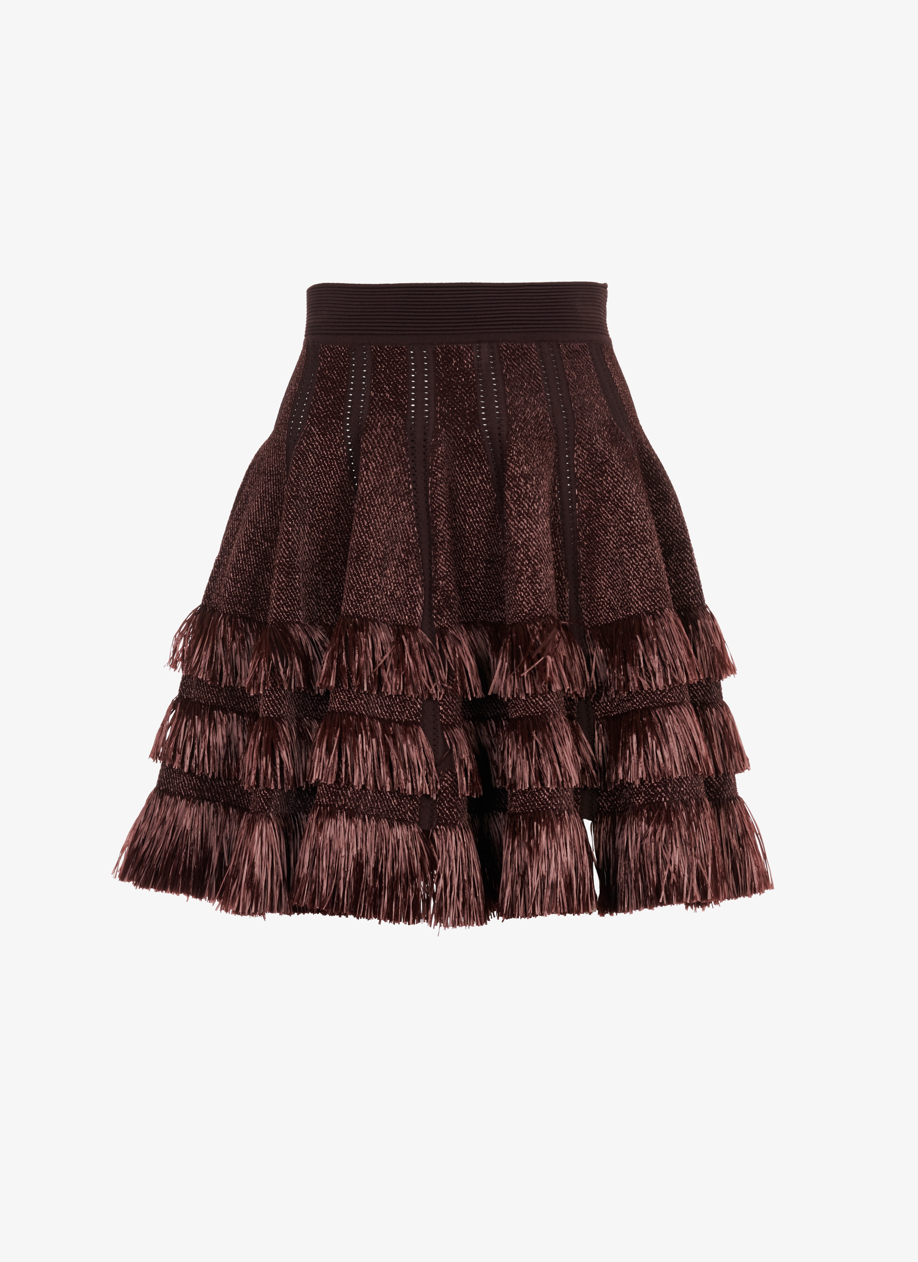 ALAÏA CHOCOLATE SHORT SKIRT IN KNIT AND RAFFIA
