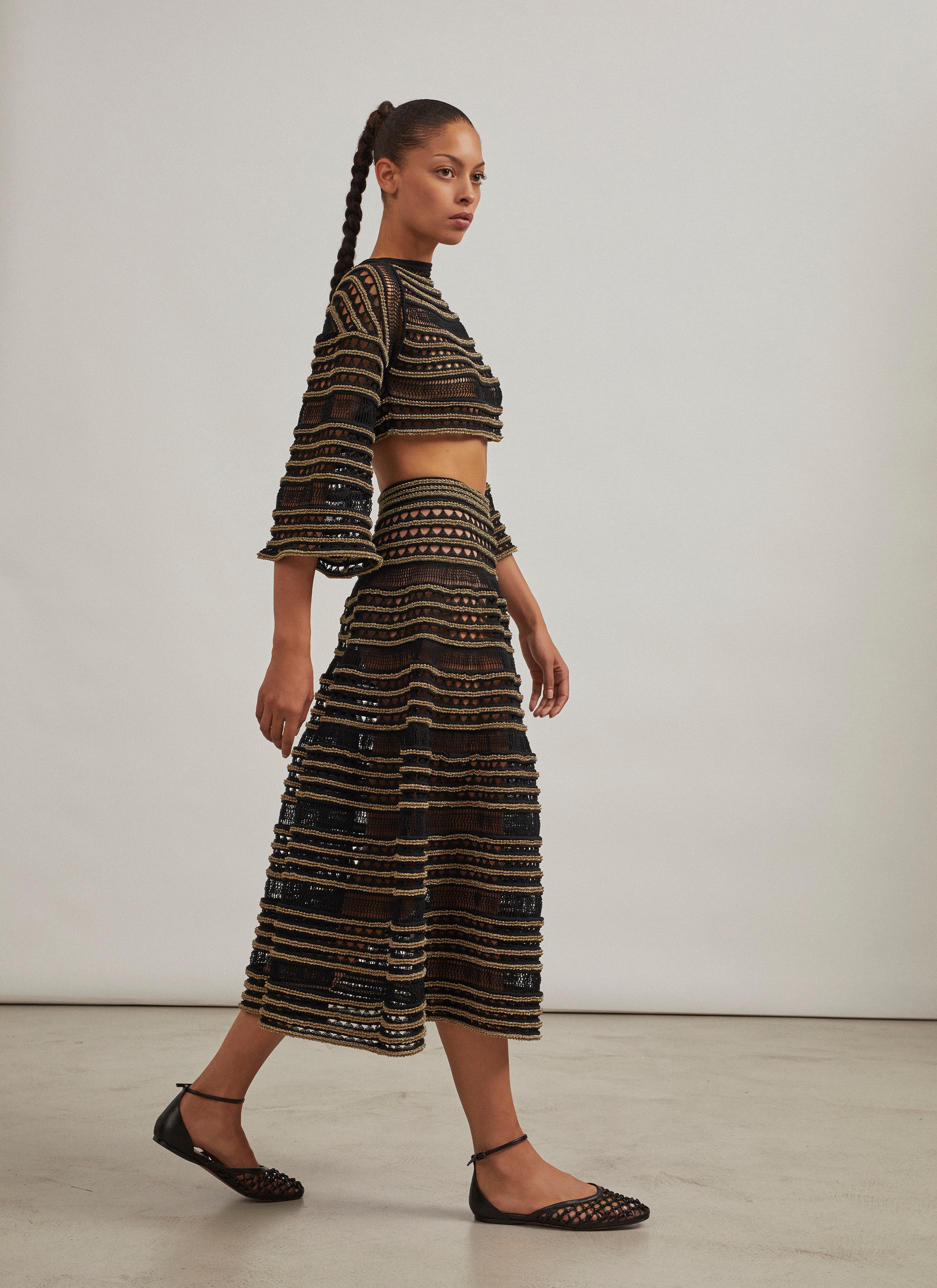 ALAÏA BLACK/GOLD WIDE CROCHET AND LUREX SKIRT