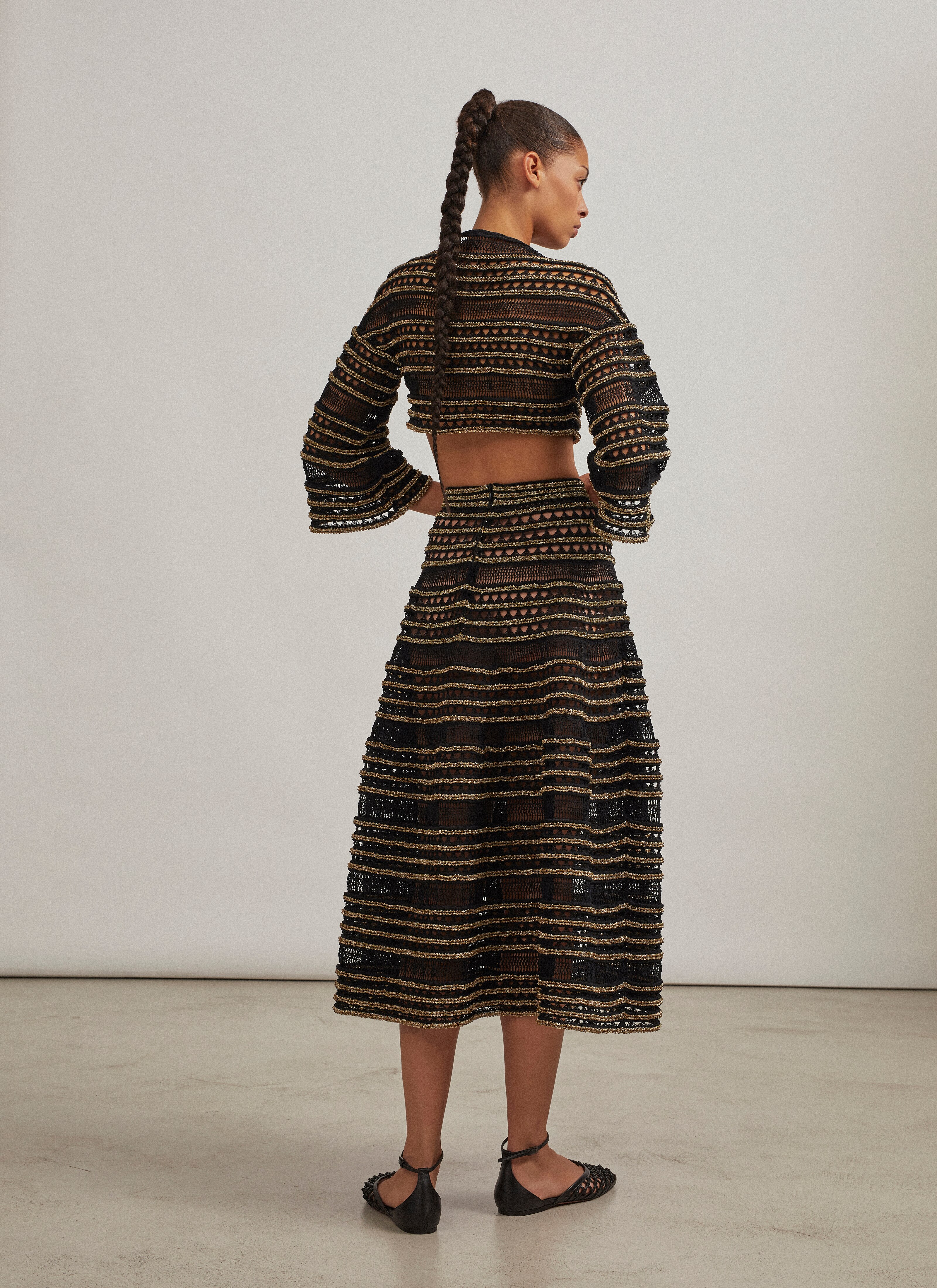 ALAÏA BLACK/GOLD WIDE CROCHET AND LUREX SKIRT