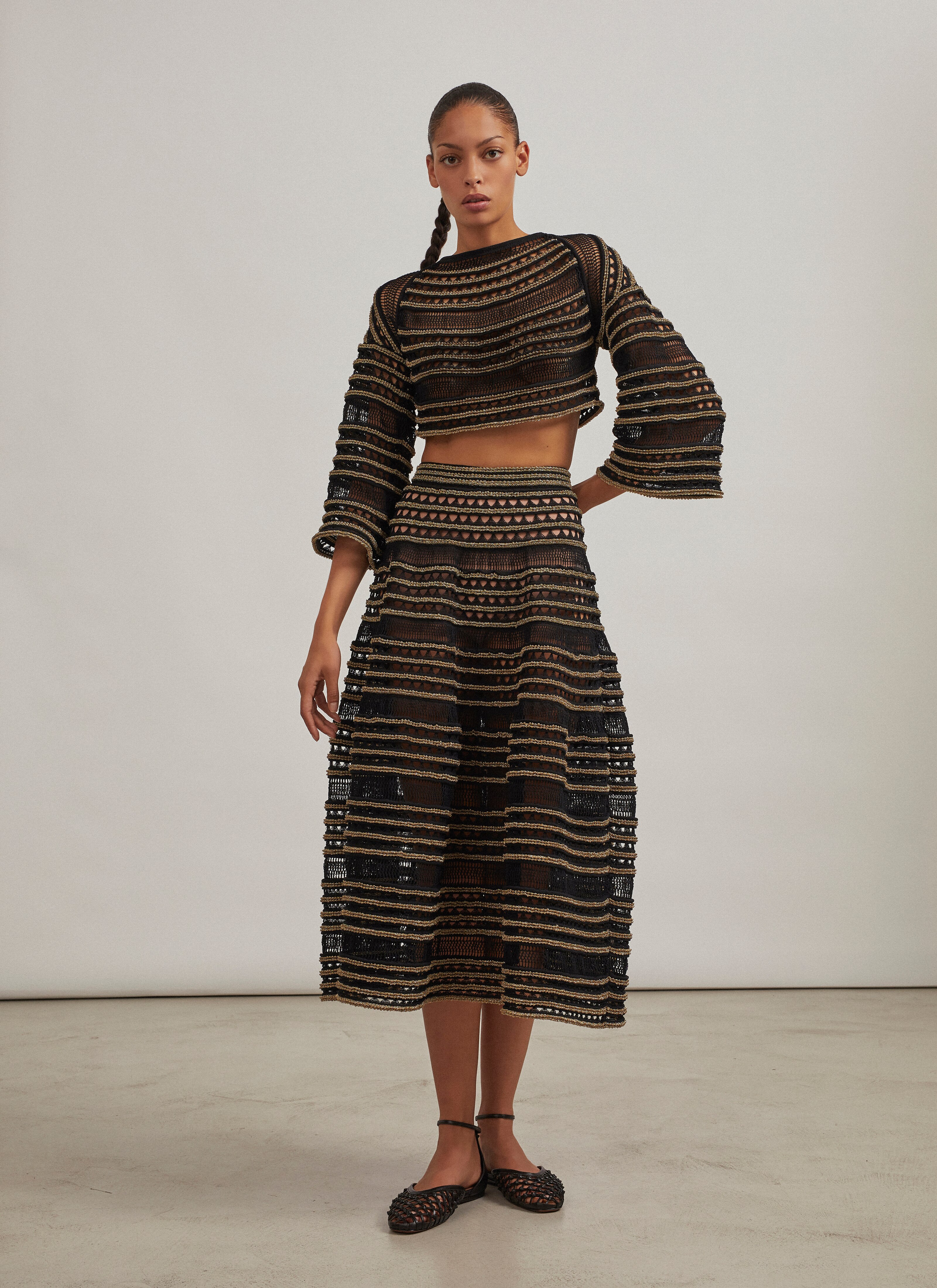 ALAÏA BLACK/GOLD WIDE CROCHET AND LUREX SKIRT