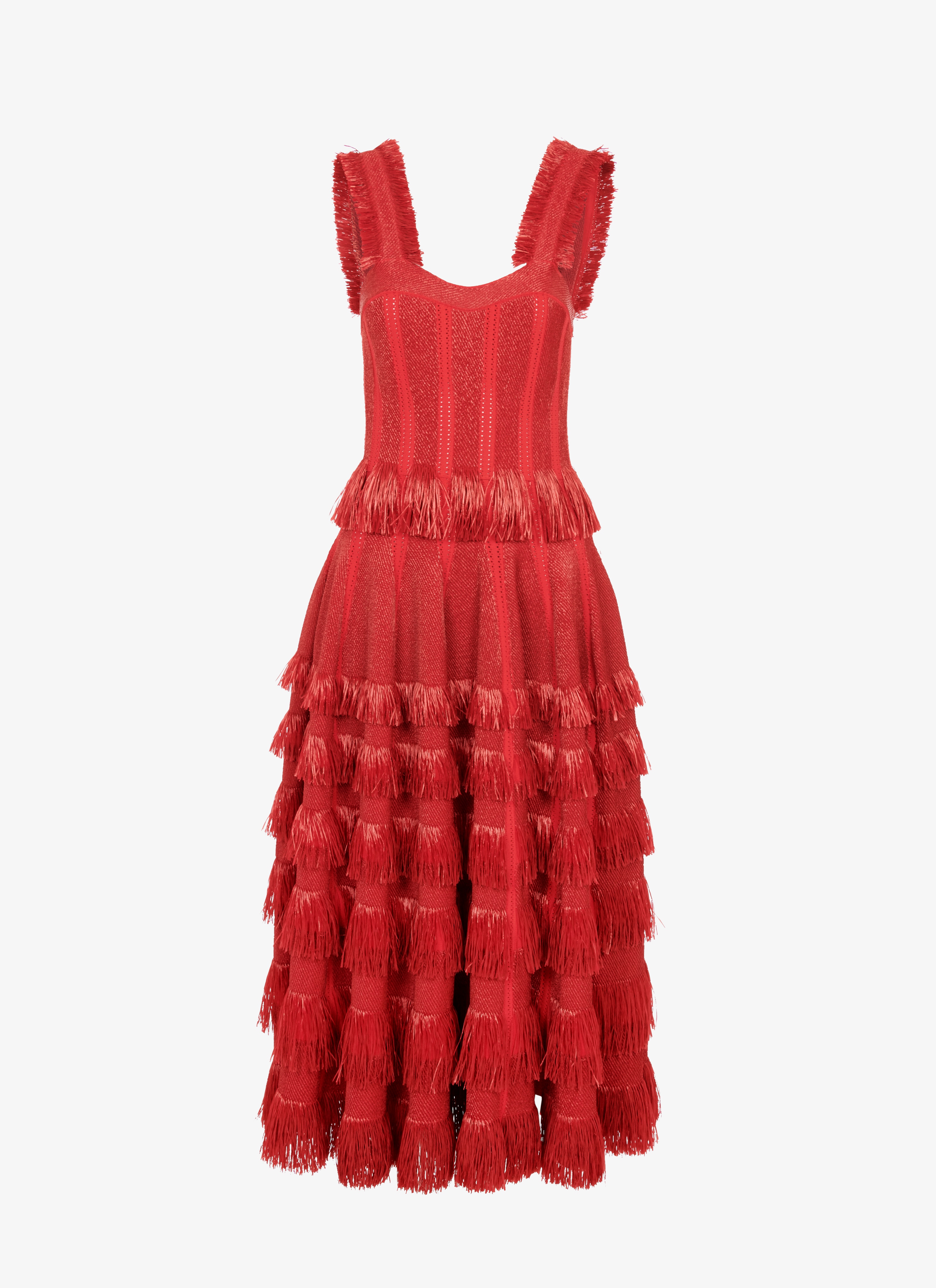 ALAÏA SCARLET KNIT AND RAFFIA BUSTIER DRESS