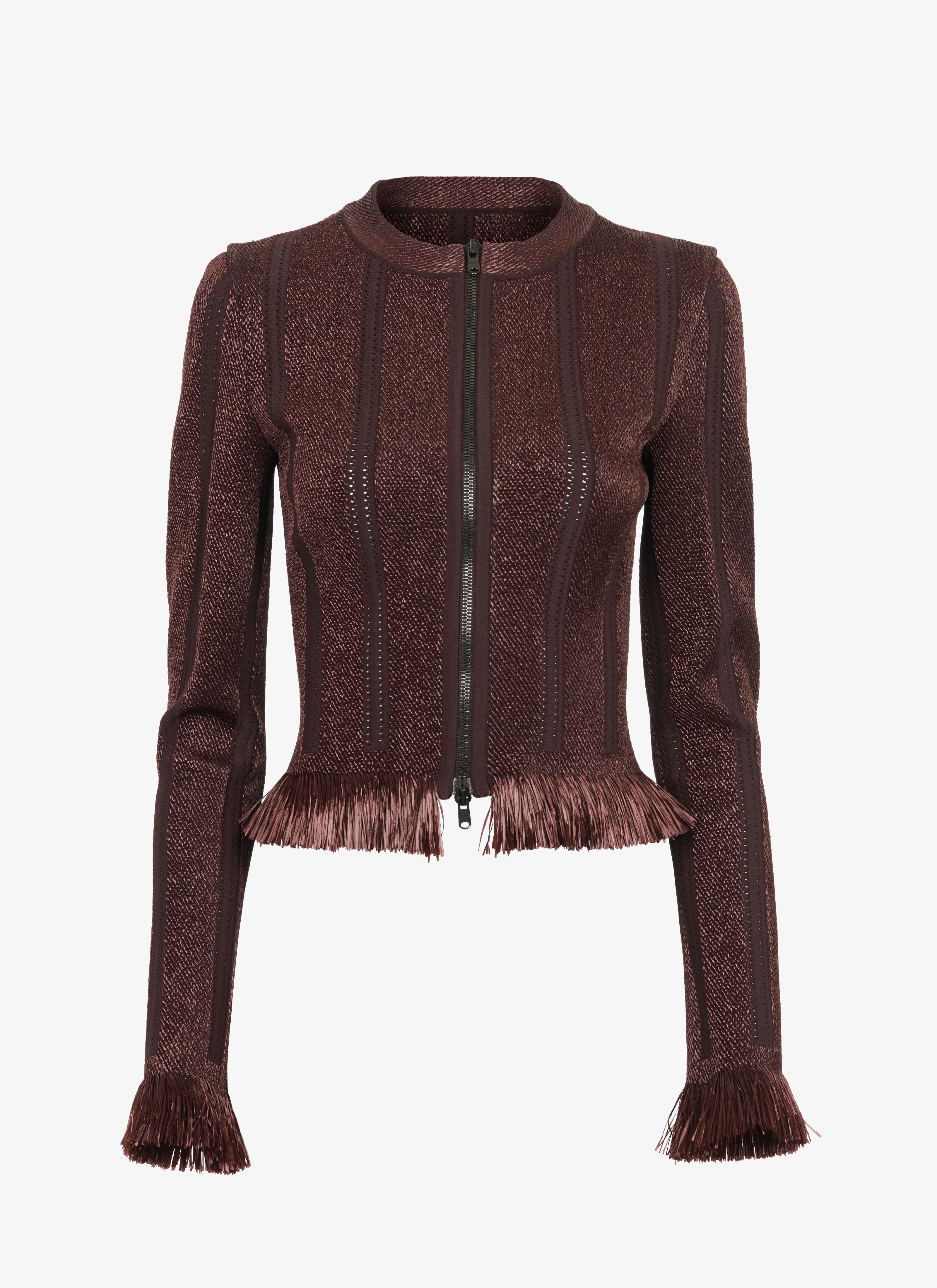 ALAÏA CHOCOLATE FITTED KNIT AND RAFFIA JACKET