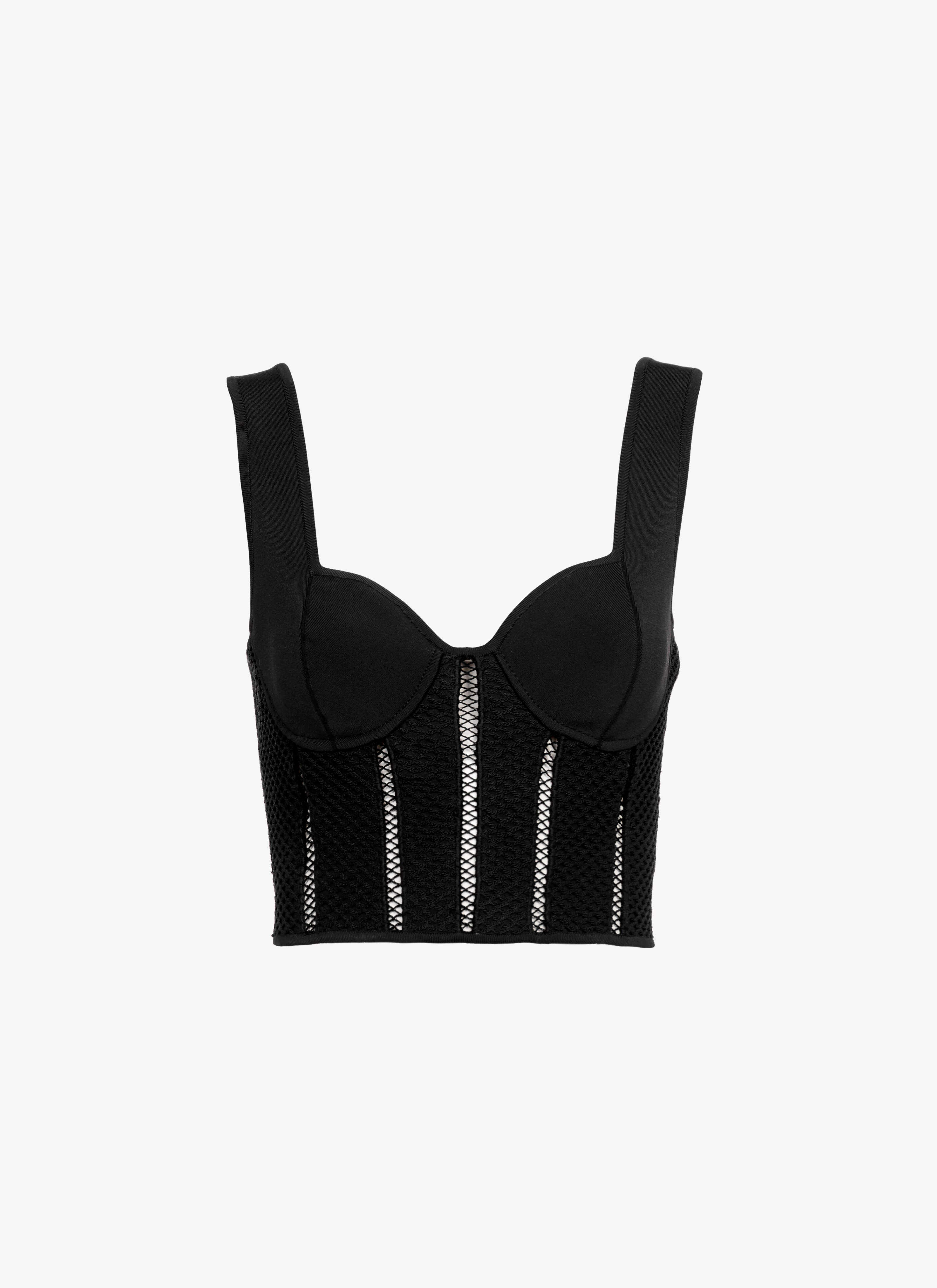 ALAÏA BLACK CROPPED BUSTIER IN TECHNICAL KNIT