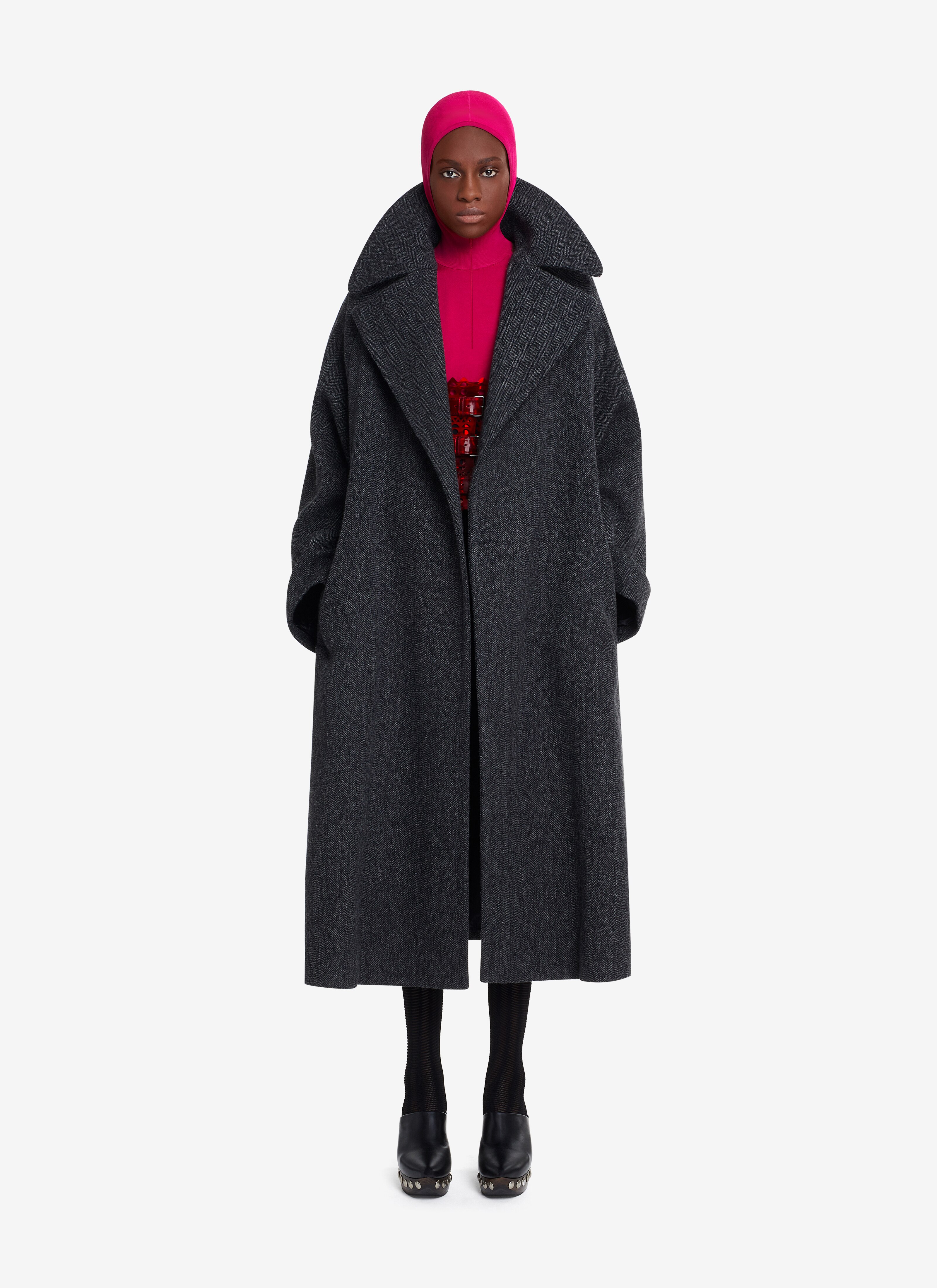 ALAÏA DARK GREY BELTED LONG CHEVRON COAT