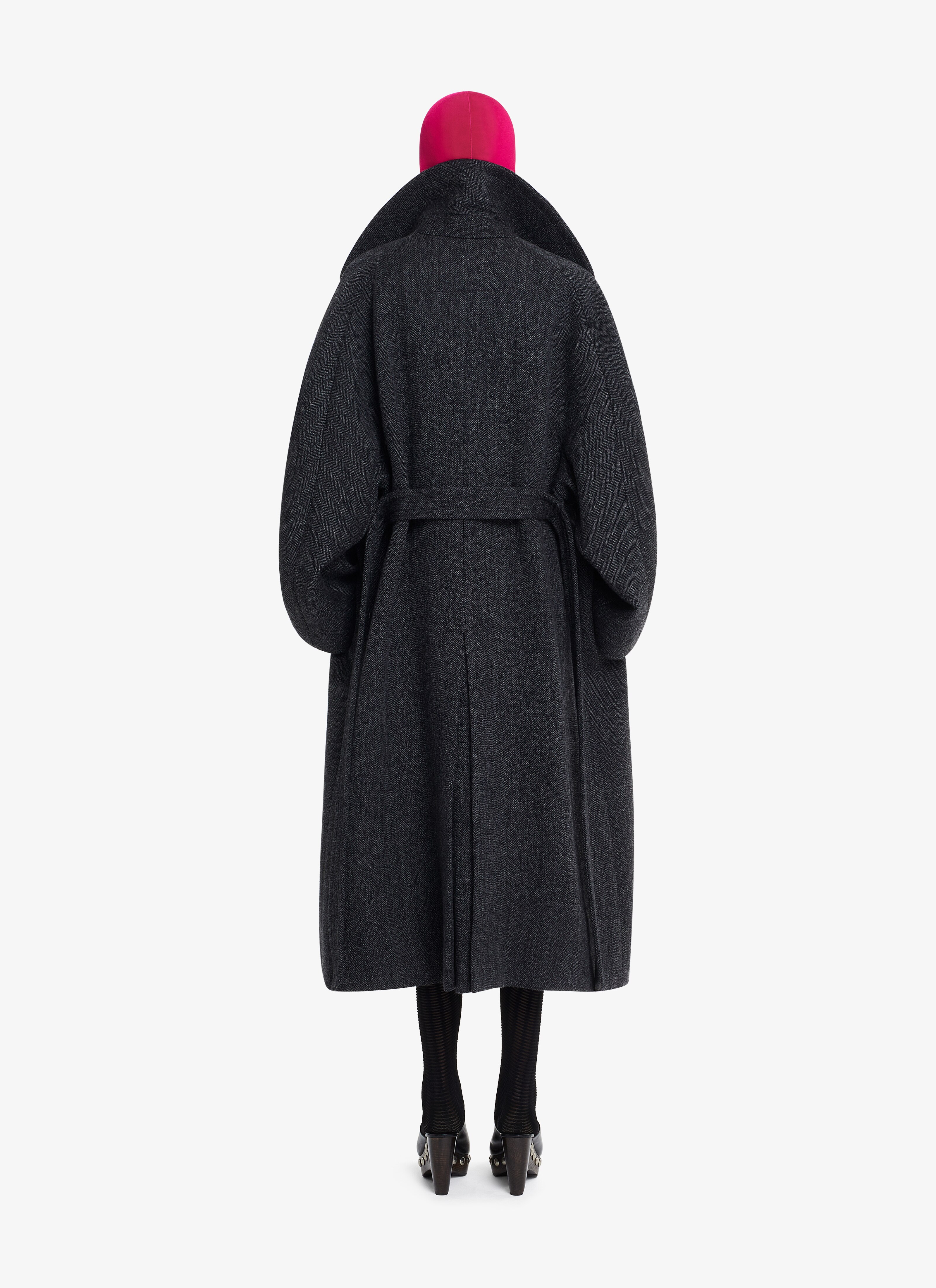 ALAÏA DARK GREY BELTED LONG CHEVRON COAT