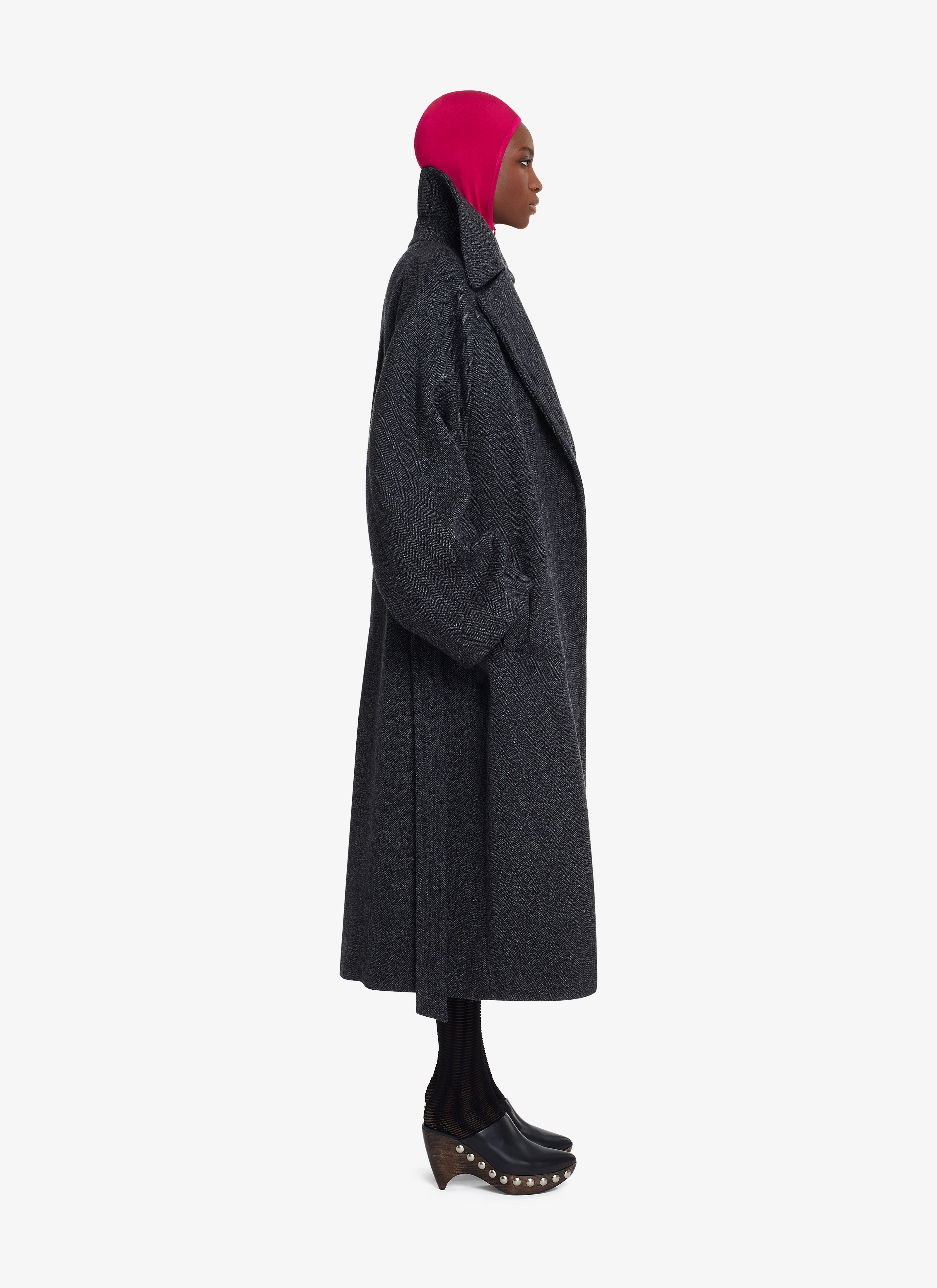 ALAÏA DARK GREY BELTED LONG CHEVRON COAT