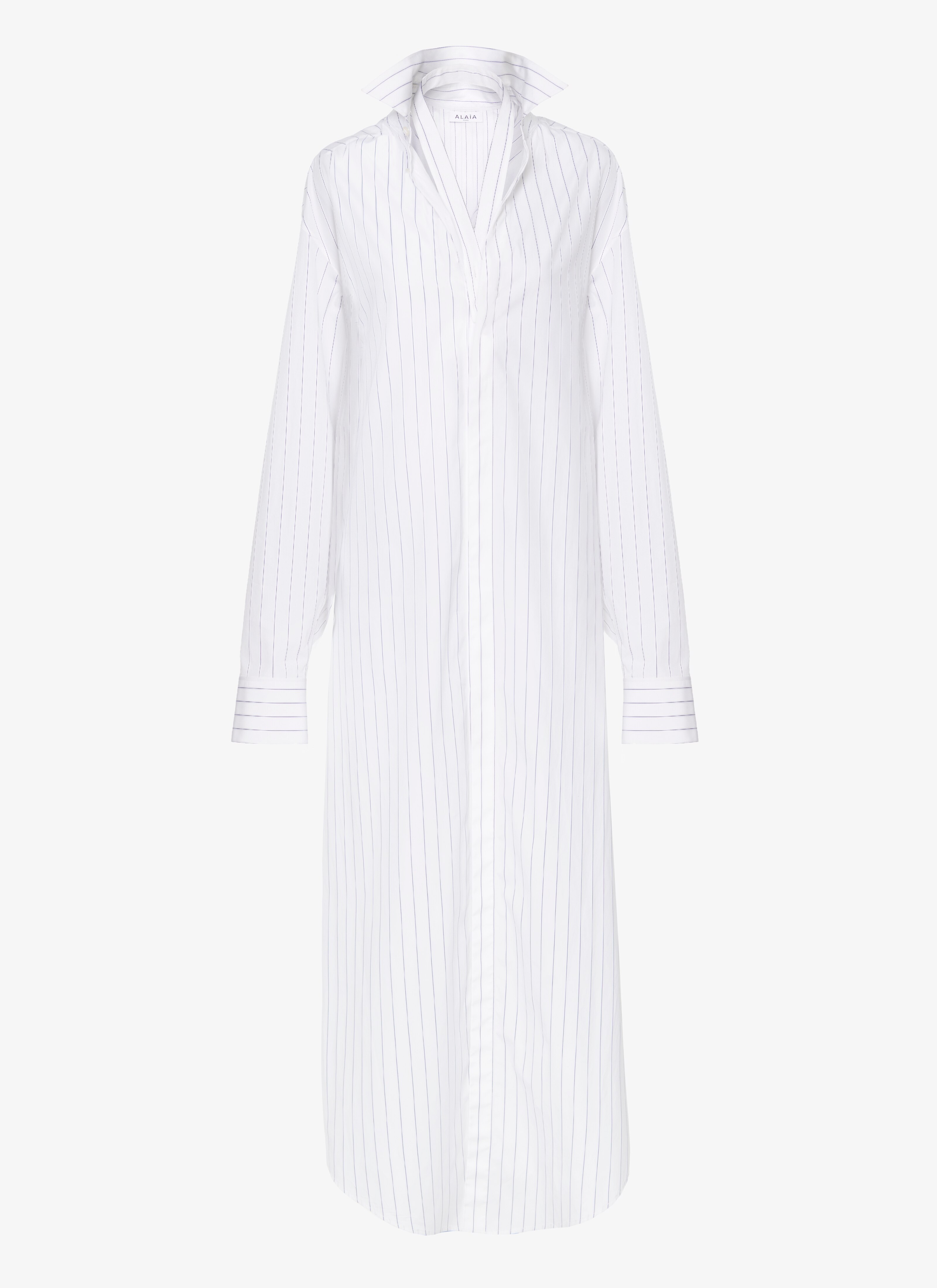 ALAÏA WHITE/BLUE LONG LOOSE STRIPED POPLIN SHIRTDRESS