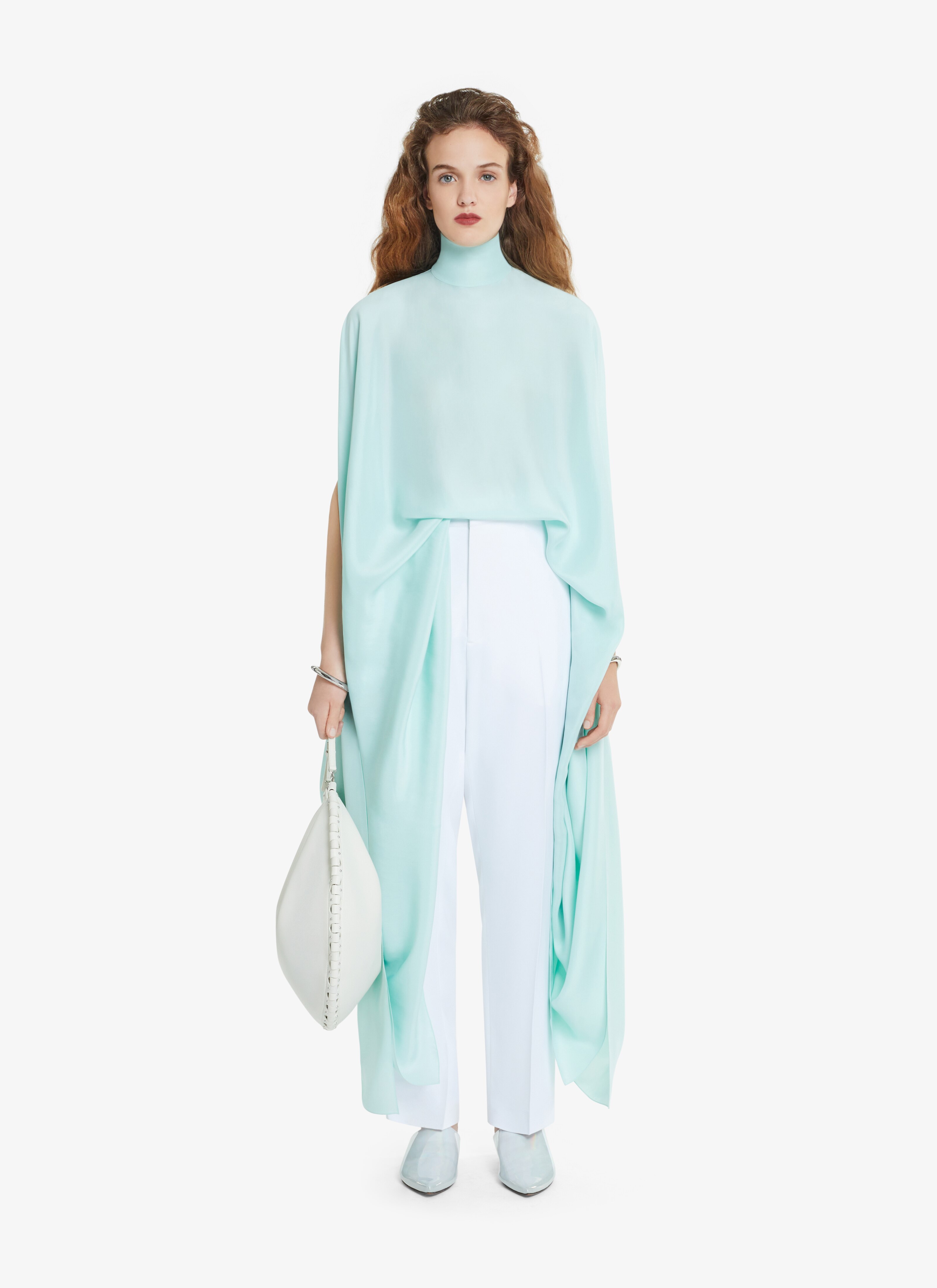 ALAÏA ALMOND GREEN HIGH COLLAR DRAPED JAPANESE SILK DRESS
