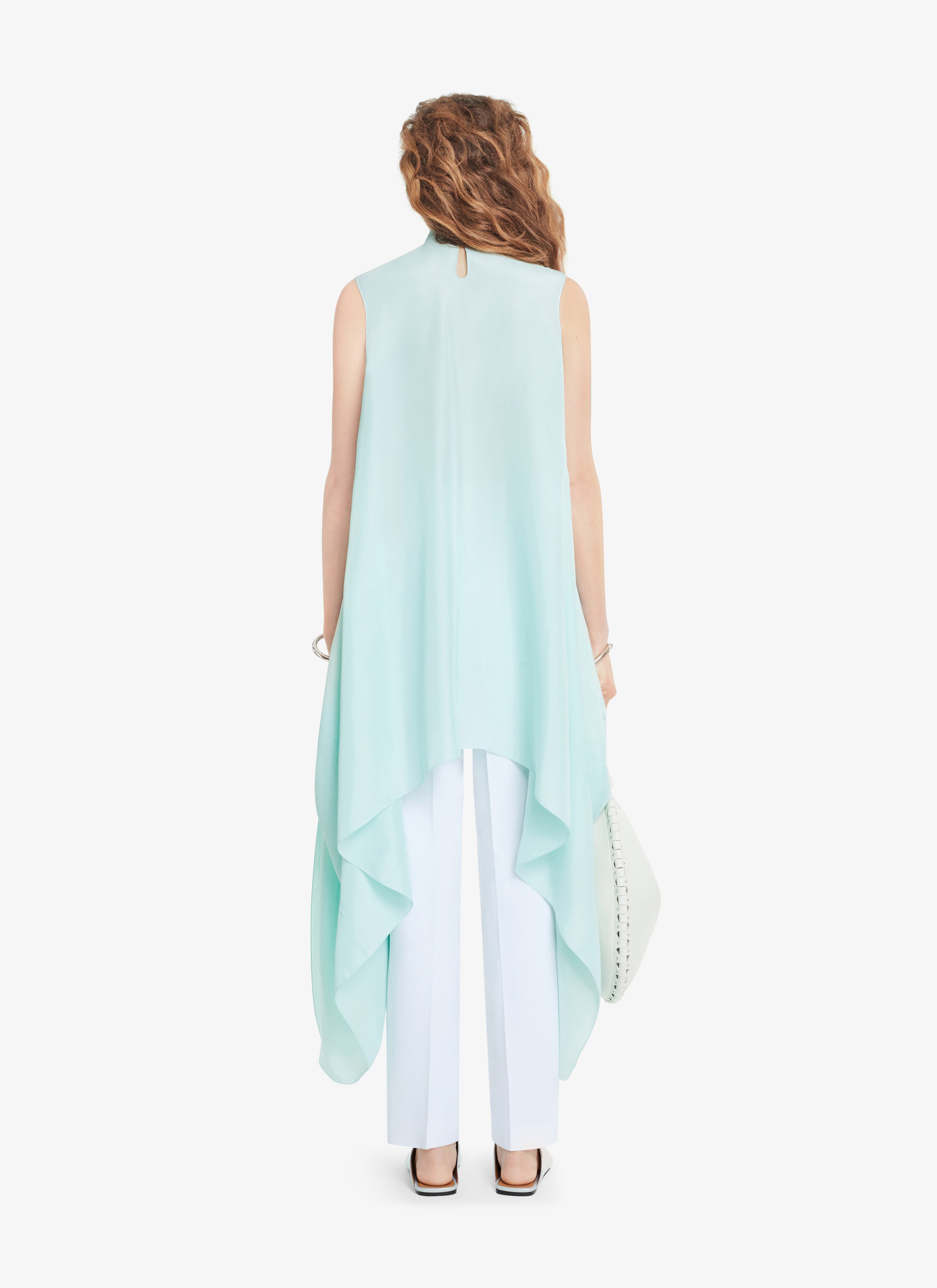 ALAÏA ALMOND GREEN HIGH COLLAR DRAPED JAPANESE SILK DRESS
