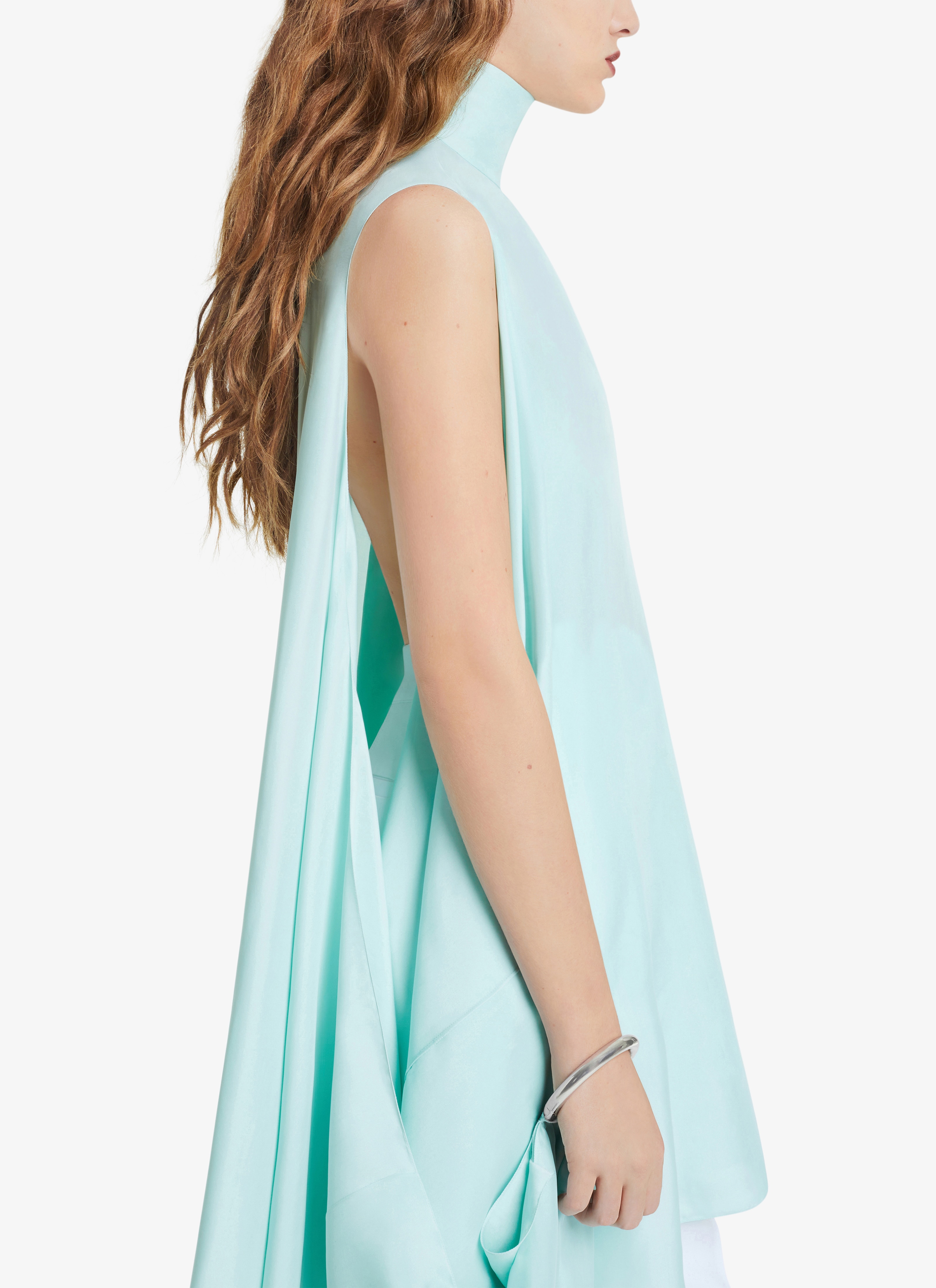 ALAÏA ALMOND GREEN HIGH COLLAR DRAPED JAPANESE SILK DRESS