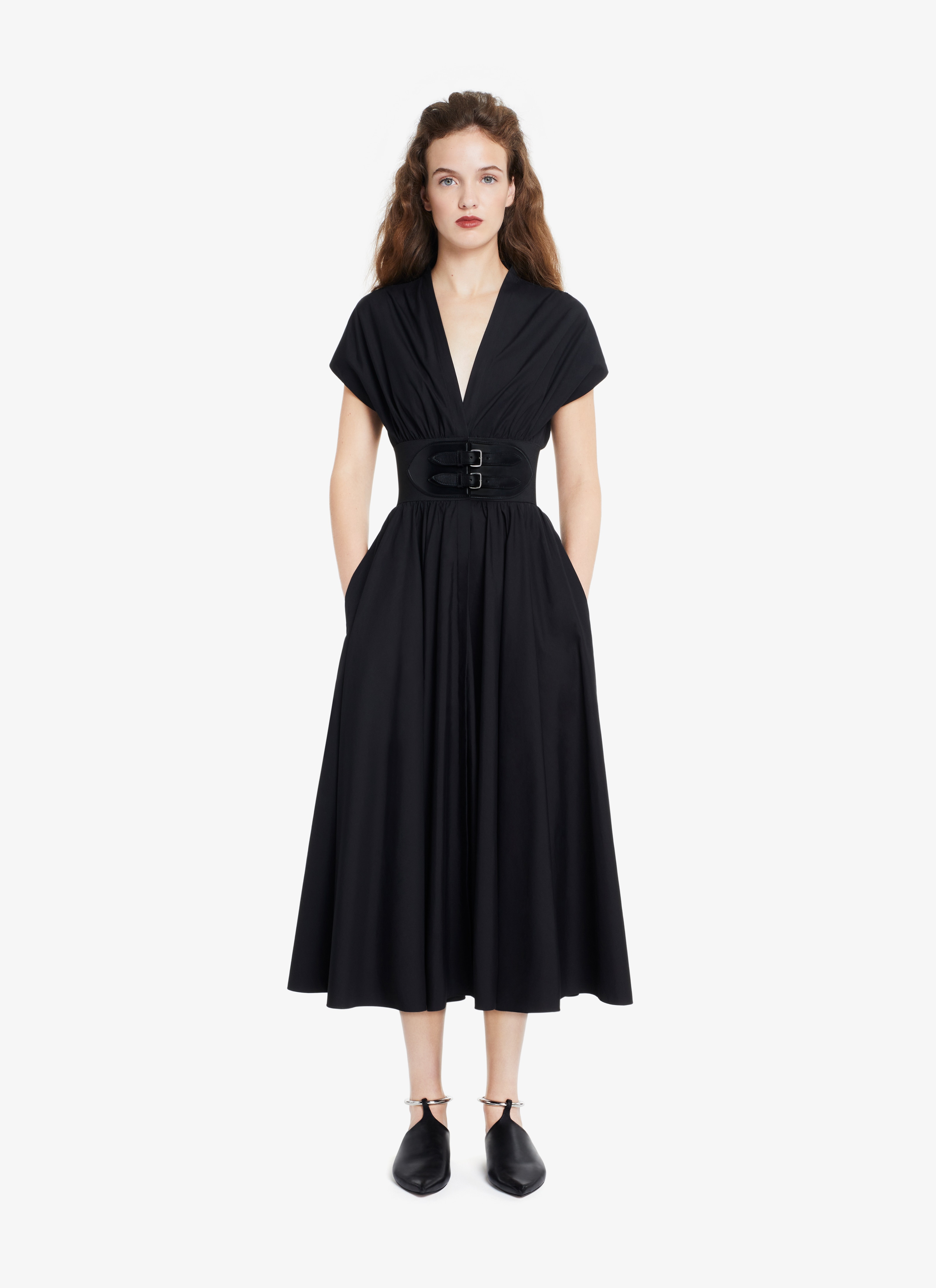 ALAÏA BLACK BELTED MIDI JAPANESE POPLIN DRESS