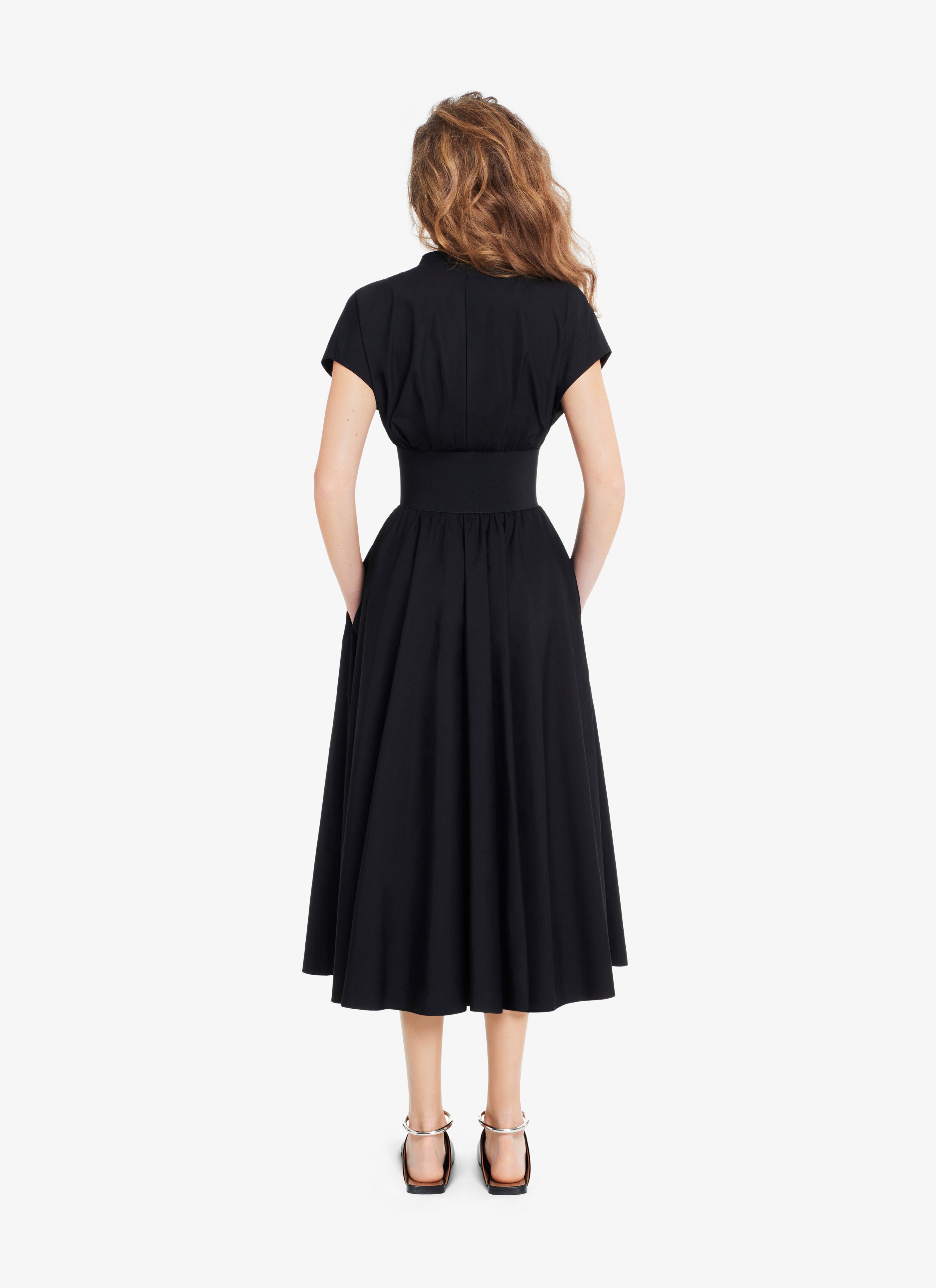 ALAÏA BLACK BELTED MIDI JAPANESE POPLIN DRESS