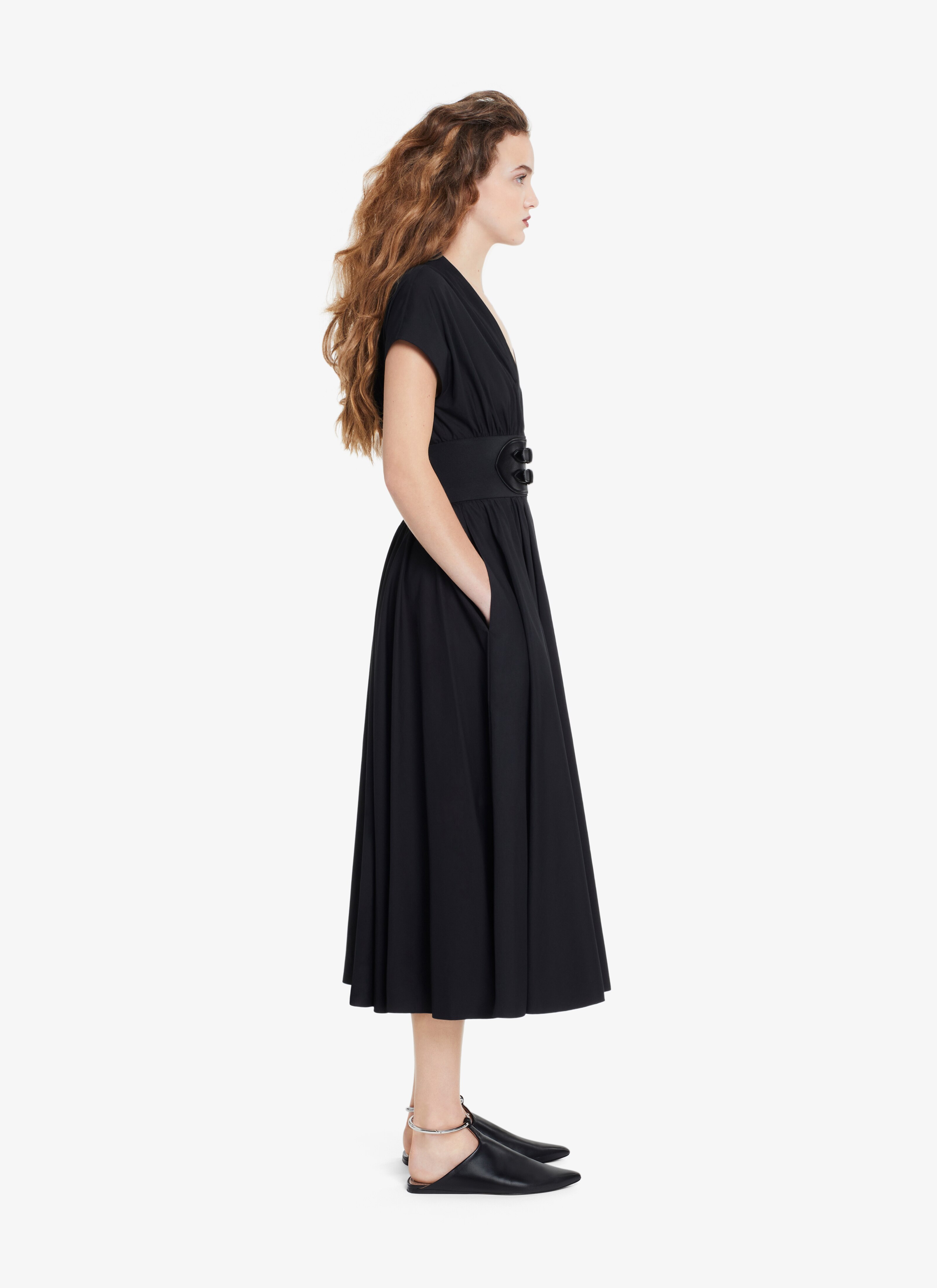 ALAÏA BLACK BELTED MIDI JAPANESE POPLIN DRESS