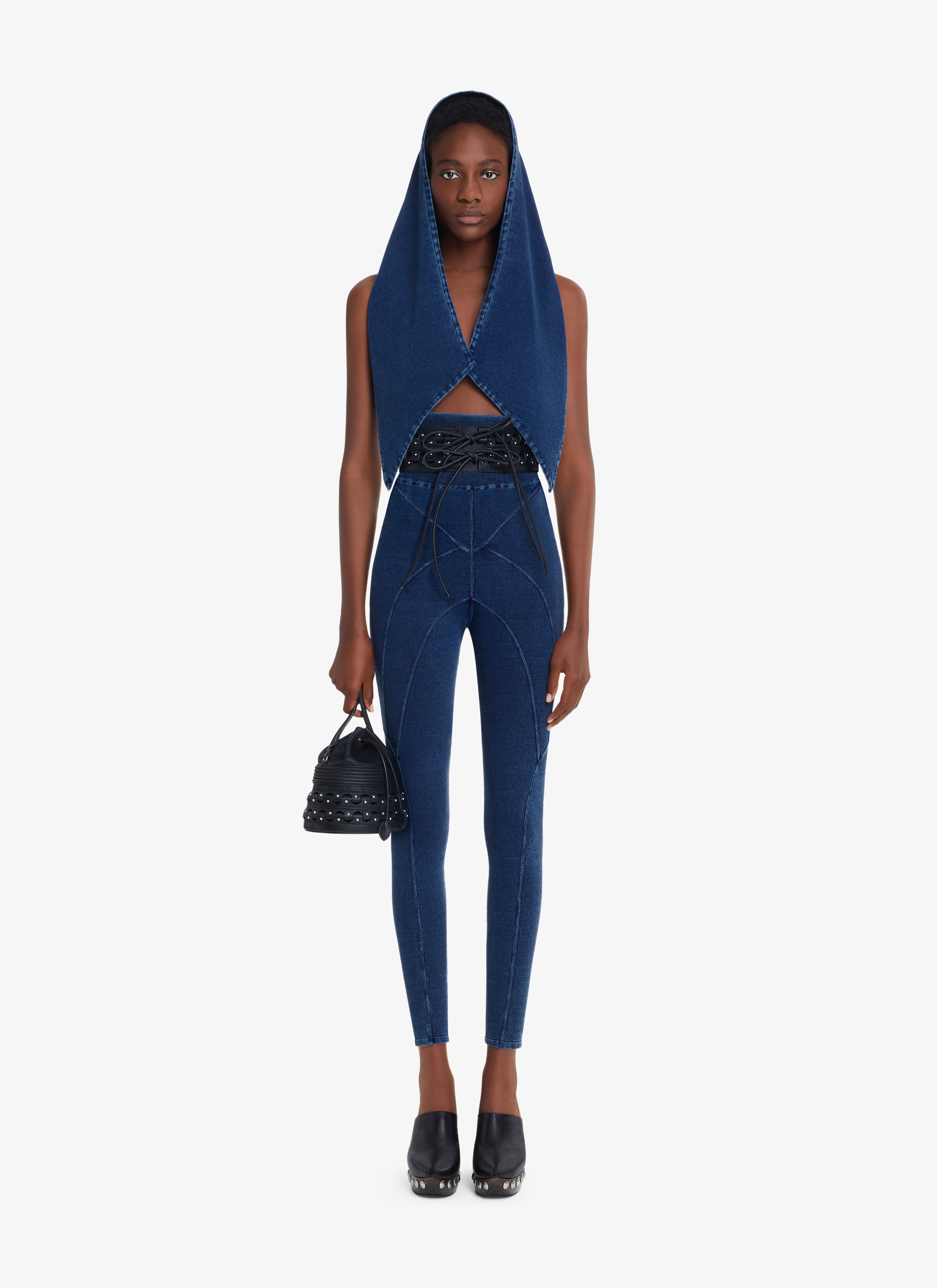 ALAÏA BLUE JEANS KNITTED DENIM LEGGINGS