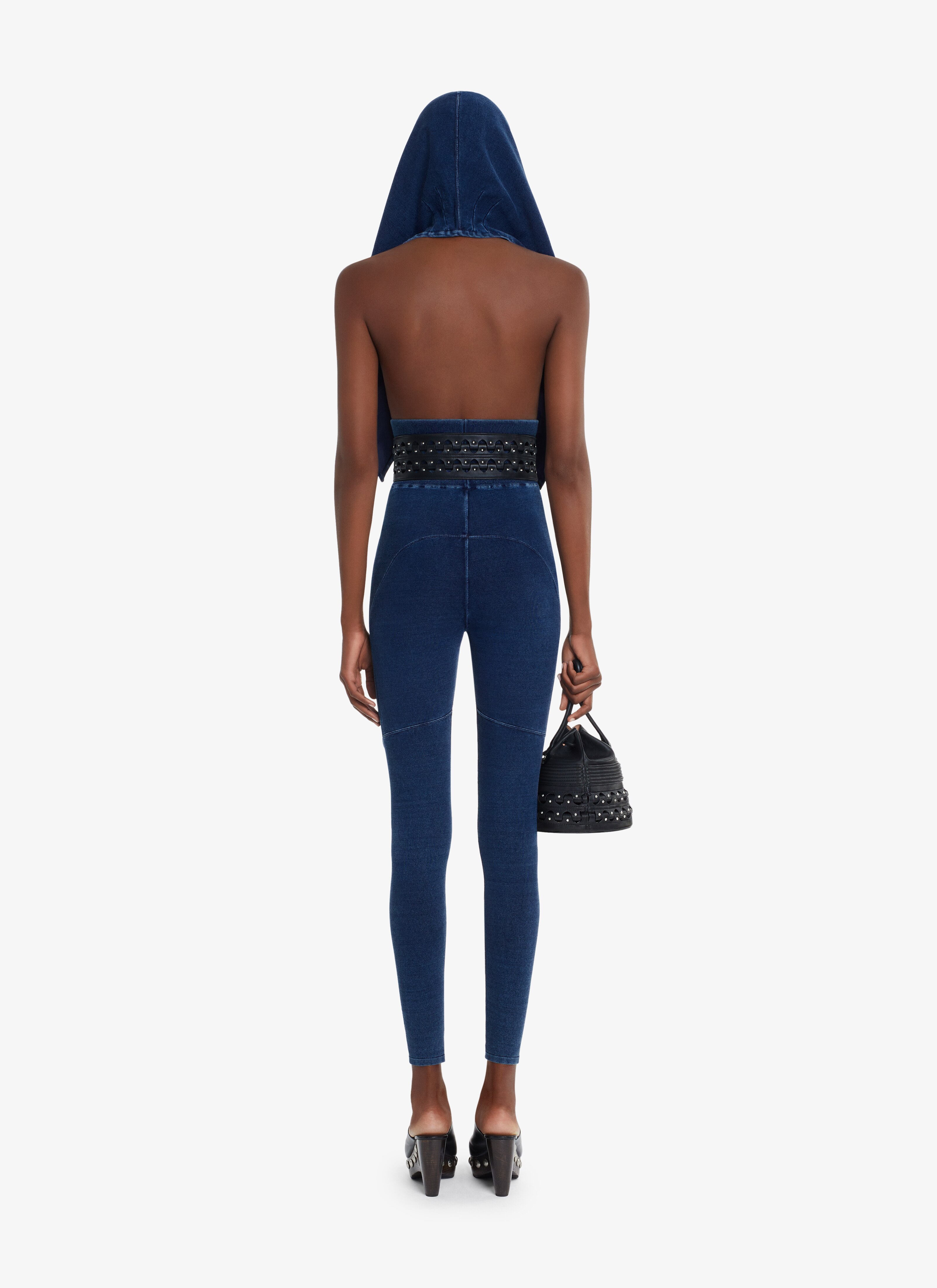 ALAÏA BLUE JEANS KNITTED DENIM LEGGINGS