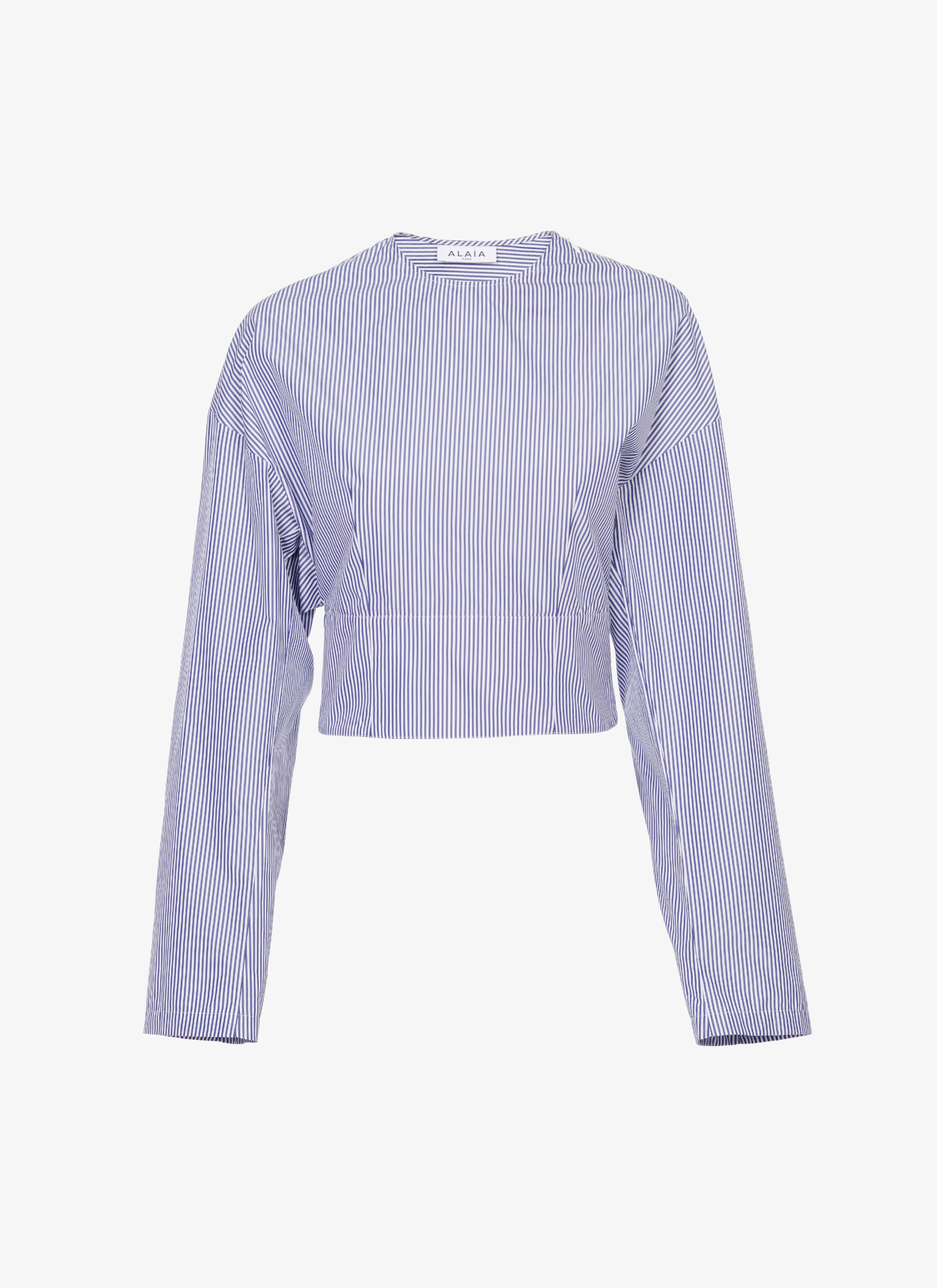 ALAÏA WHITE/BLUE STRIPED POPLIN LONG-SLEEVE TOP