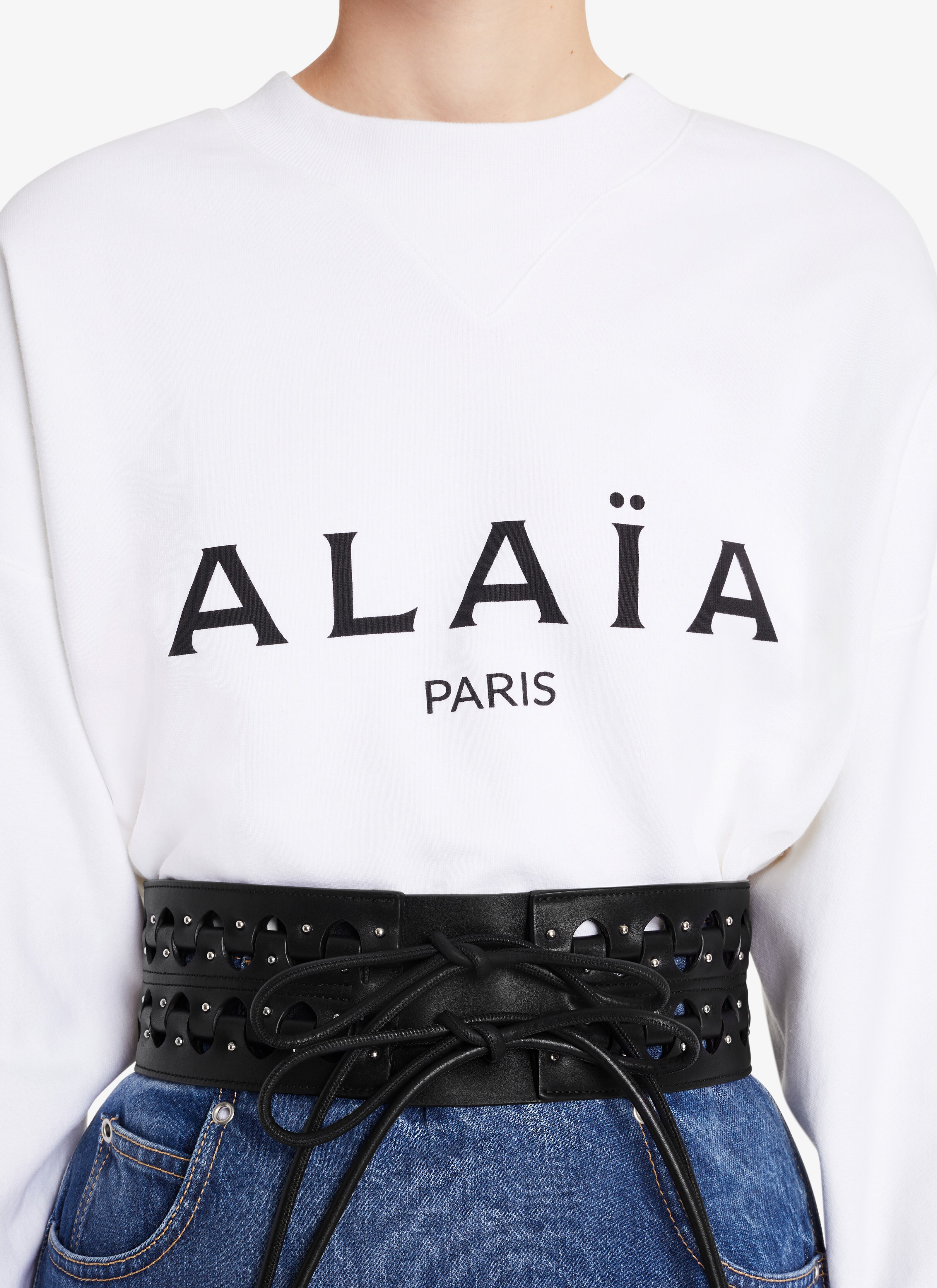 ALAÏA WHITE/BLACK ALAÏA LOGO BOXY SWEATER  