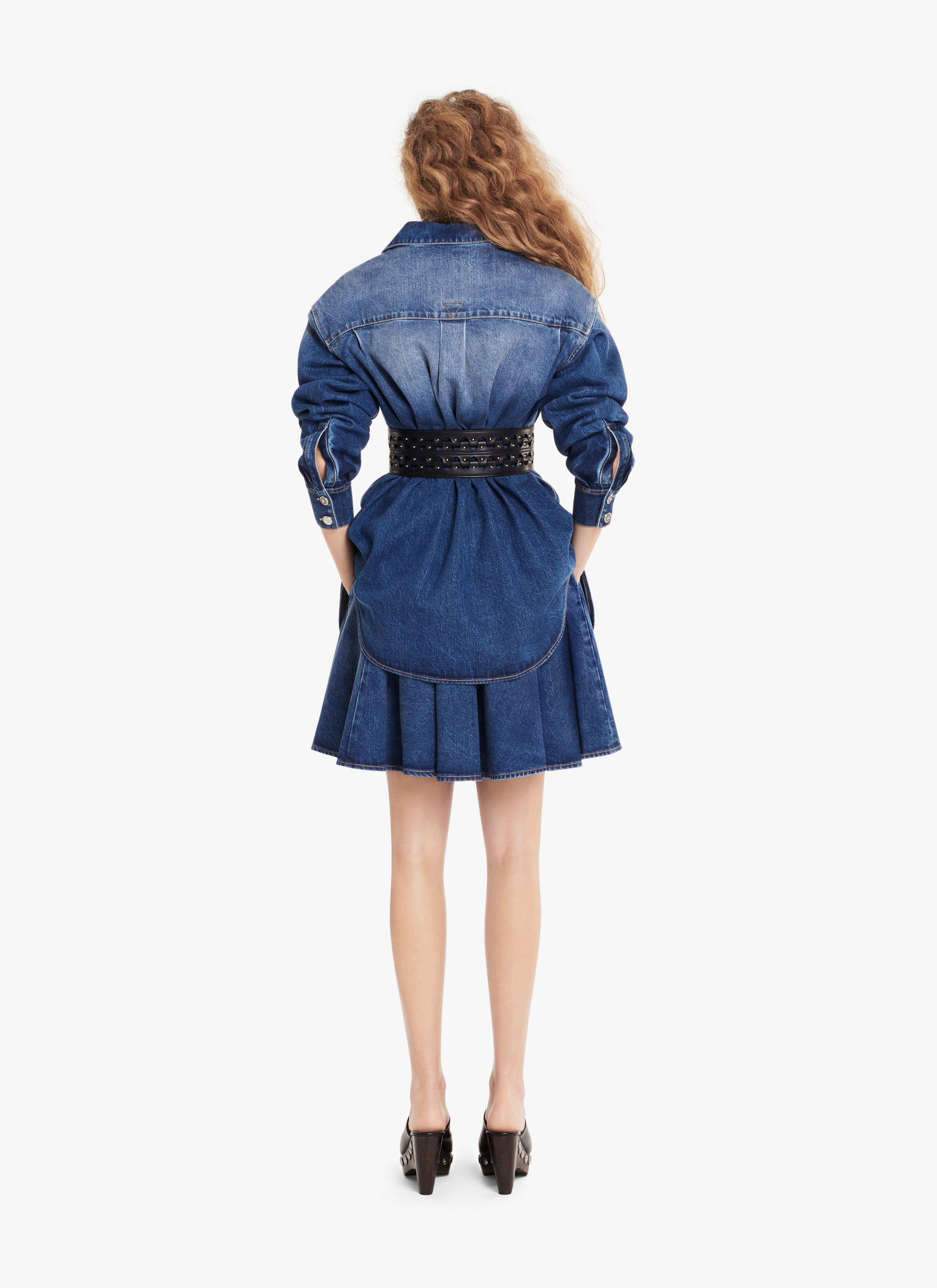 ALAÏA BLUE JEANS WASHED DENIM SKATER SKIRT