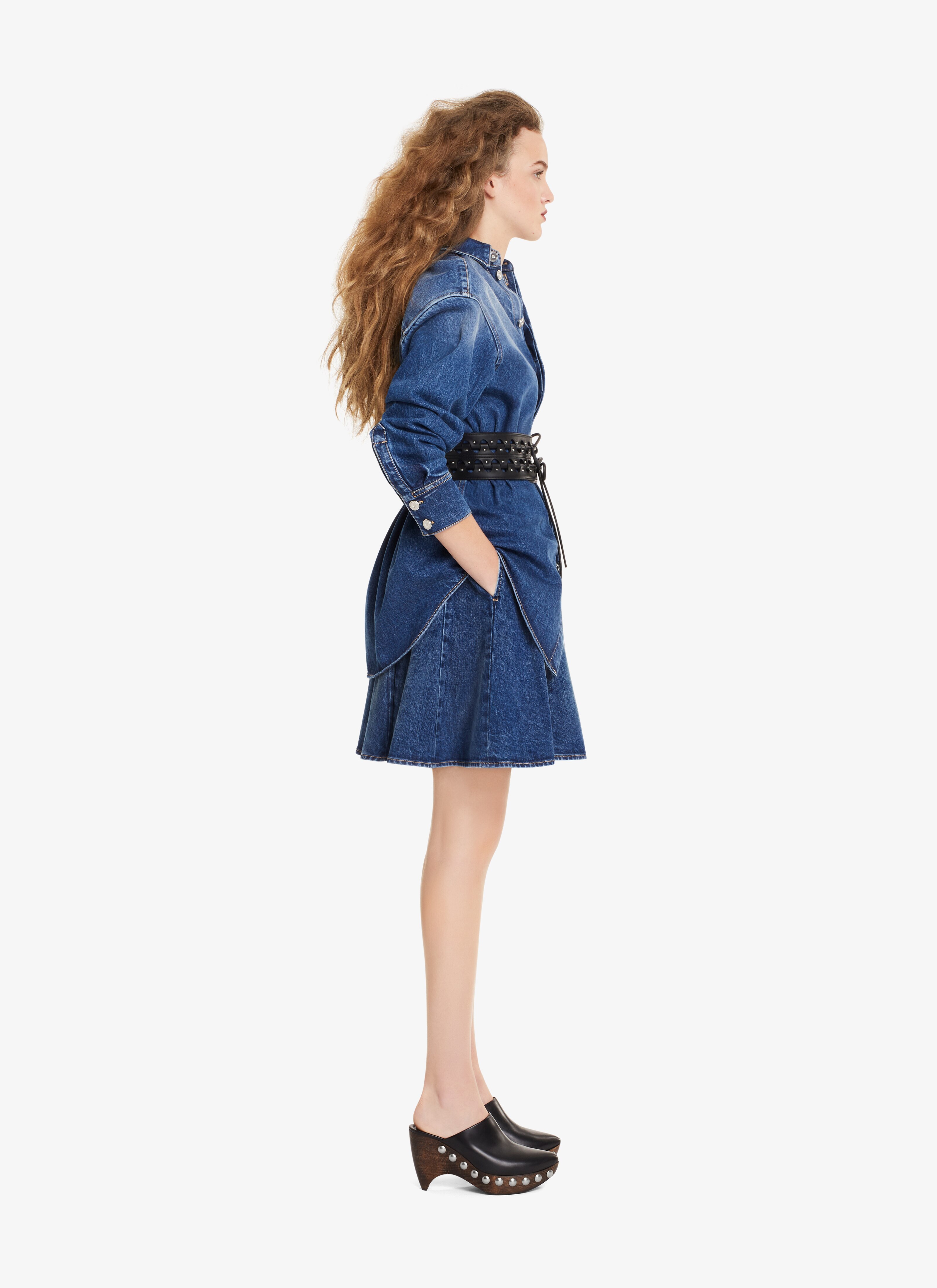 ALAÏA BLUE JEANS WASHED DENIM SKATER SKIRT