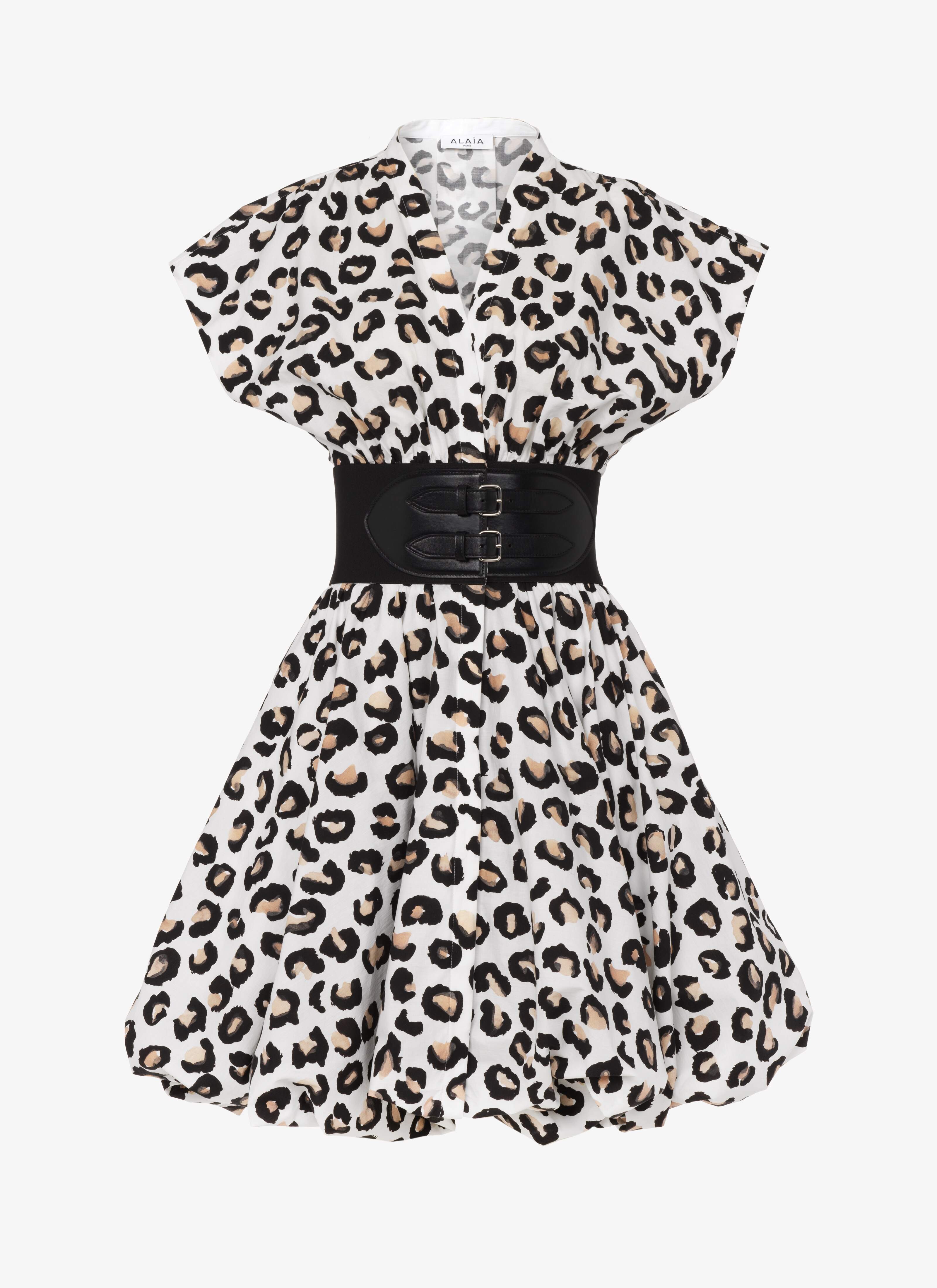 ALAÏA 화이트/블랙 벨트가 있는 레오파드 포플린 드레스
