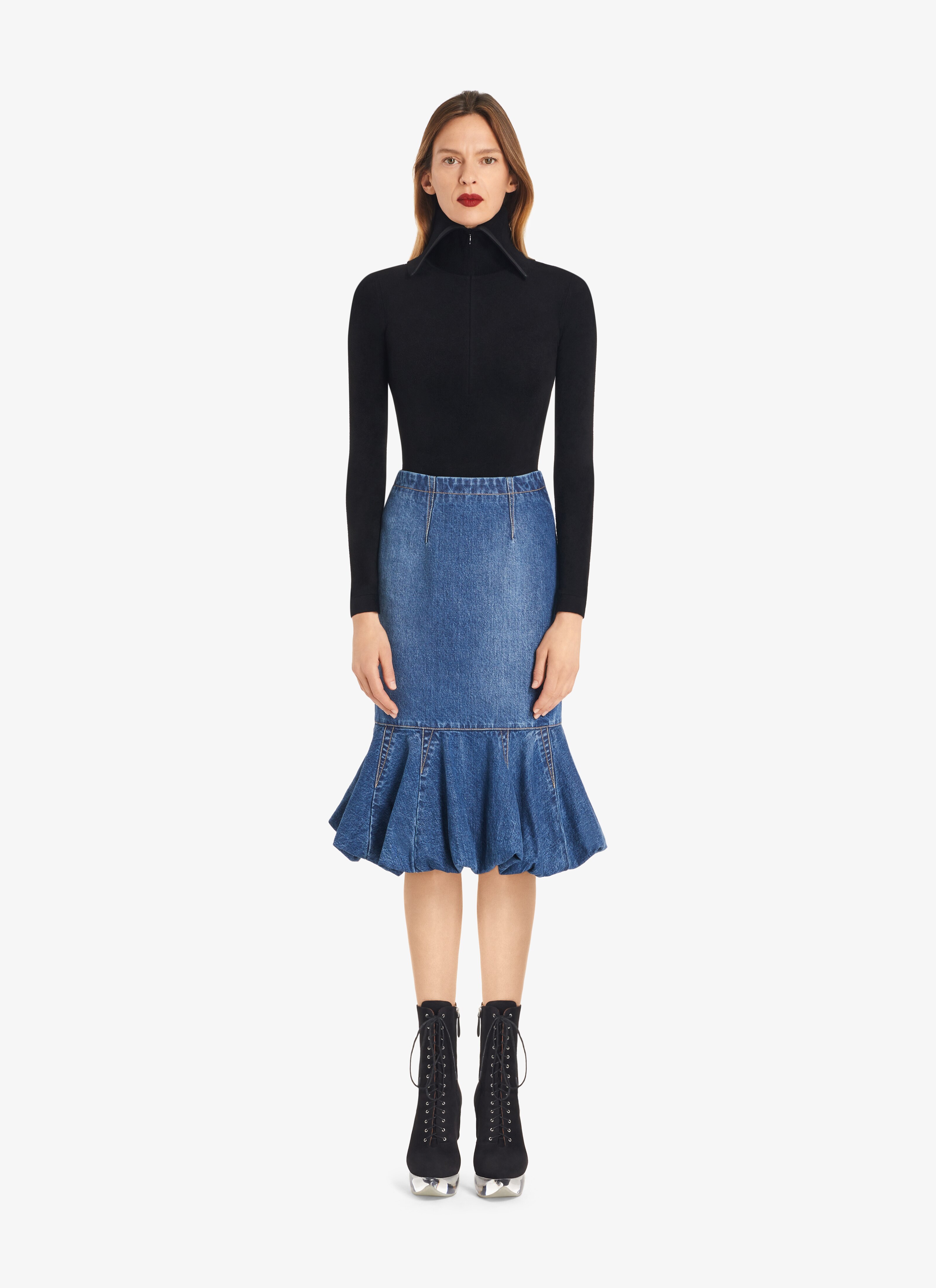 ALAÏA BLUE JEANS FIT AND FLARE DENIM SKIRT