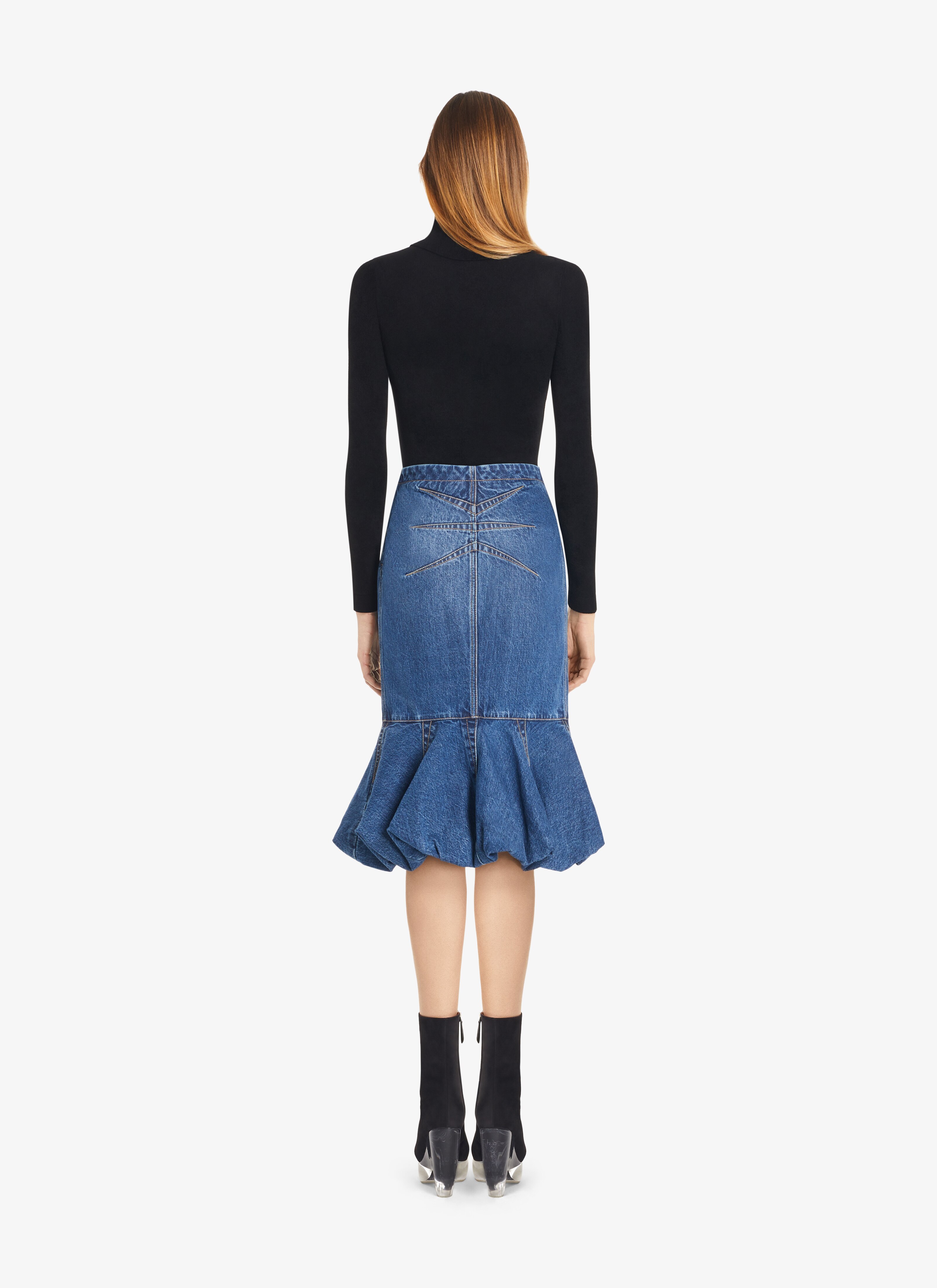 ALAÏA BLUE JEANS FIT AND FLARE DENIM SKIRT