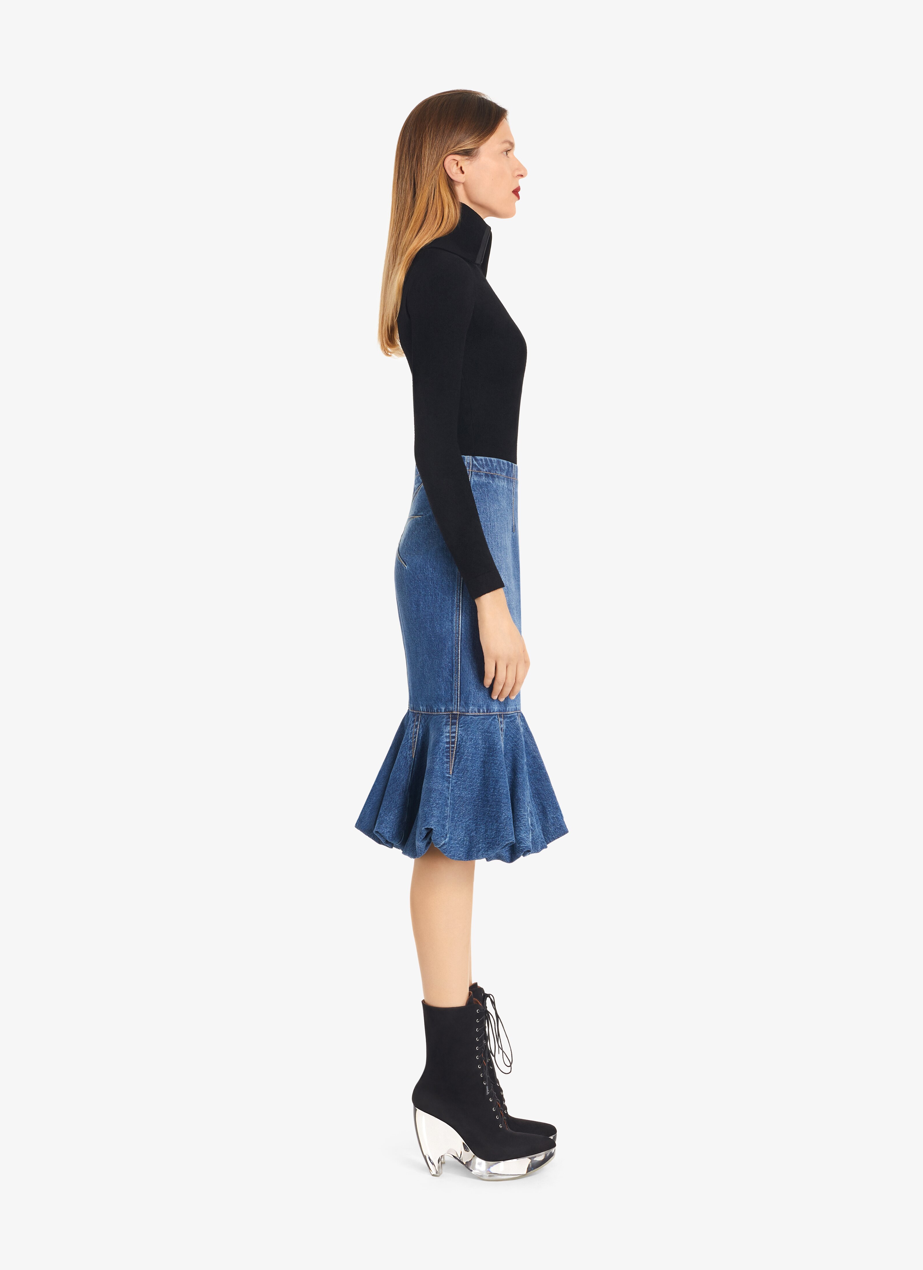 ALAÏA BLUE JEANS FIT AND FLARE DENIM SKIRT