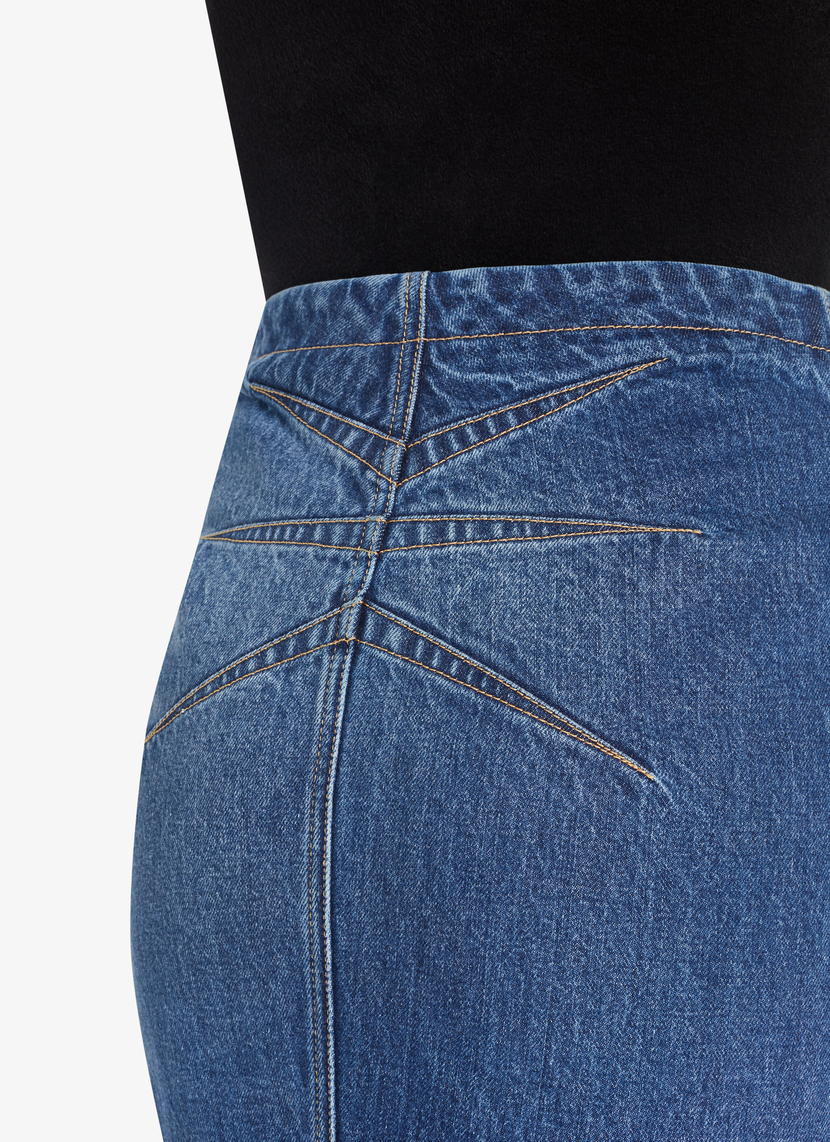 ALAÏA BLUE JEANS FIT AND FLARE DENIM SKIRT