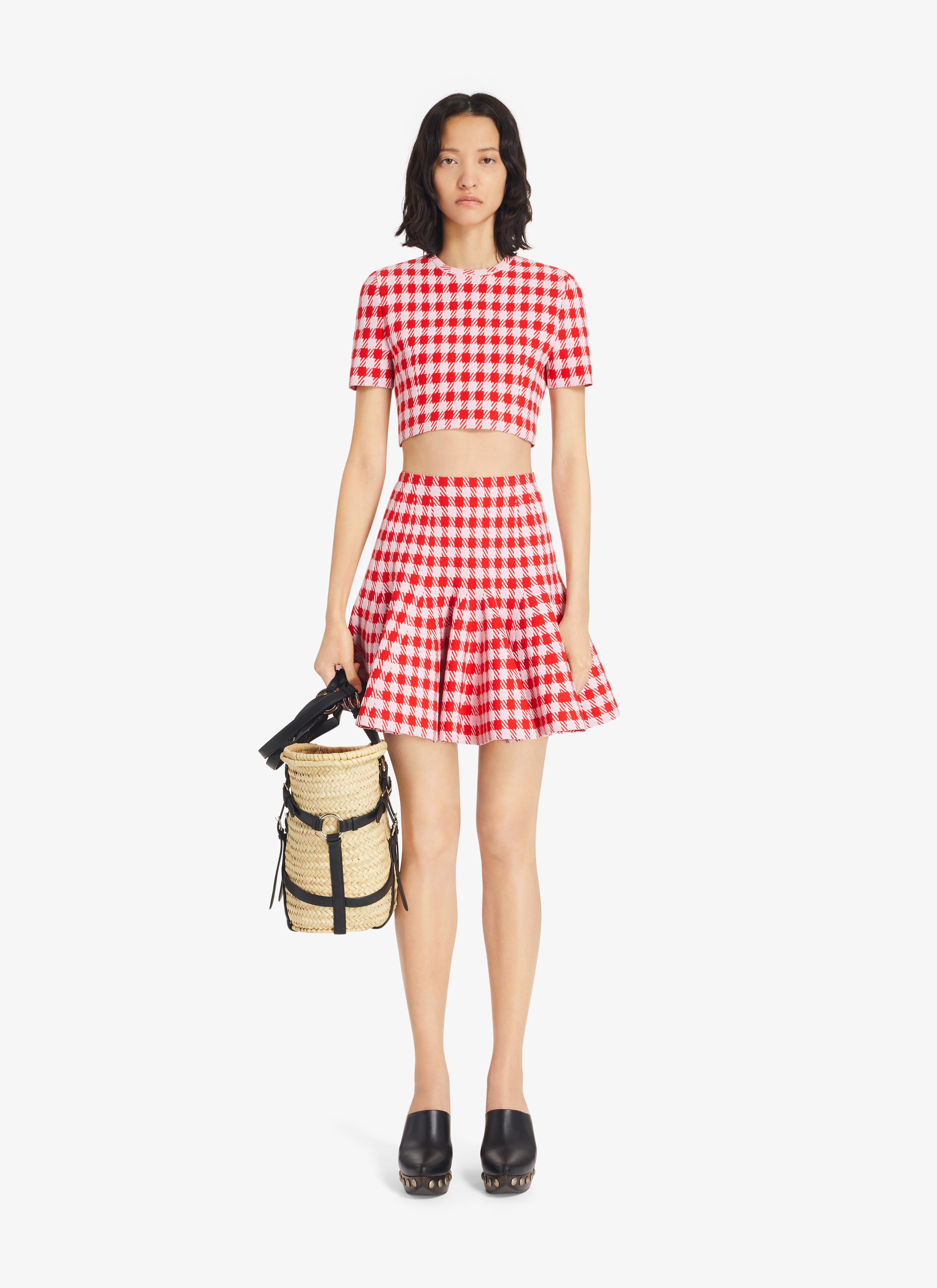 ALAÏA RED/PINK CHECK FLARED SKIRT