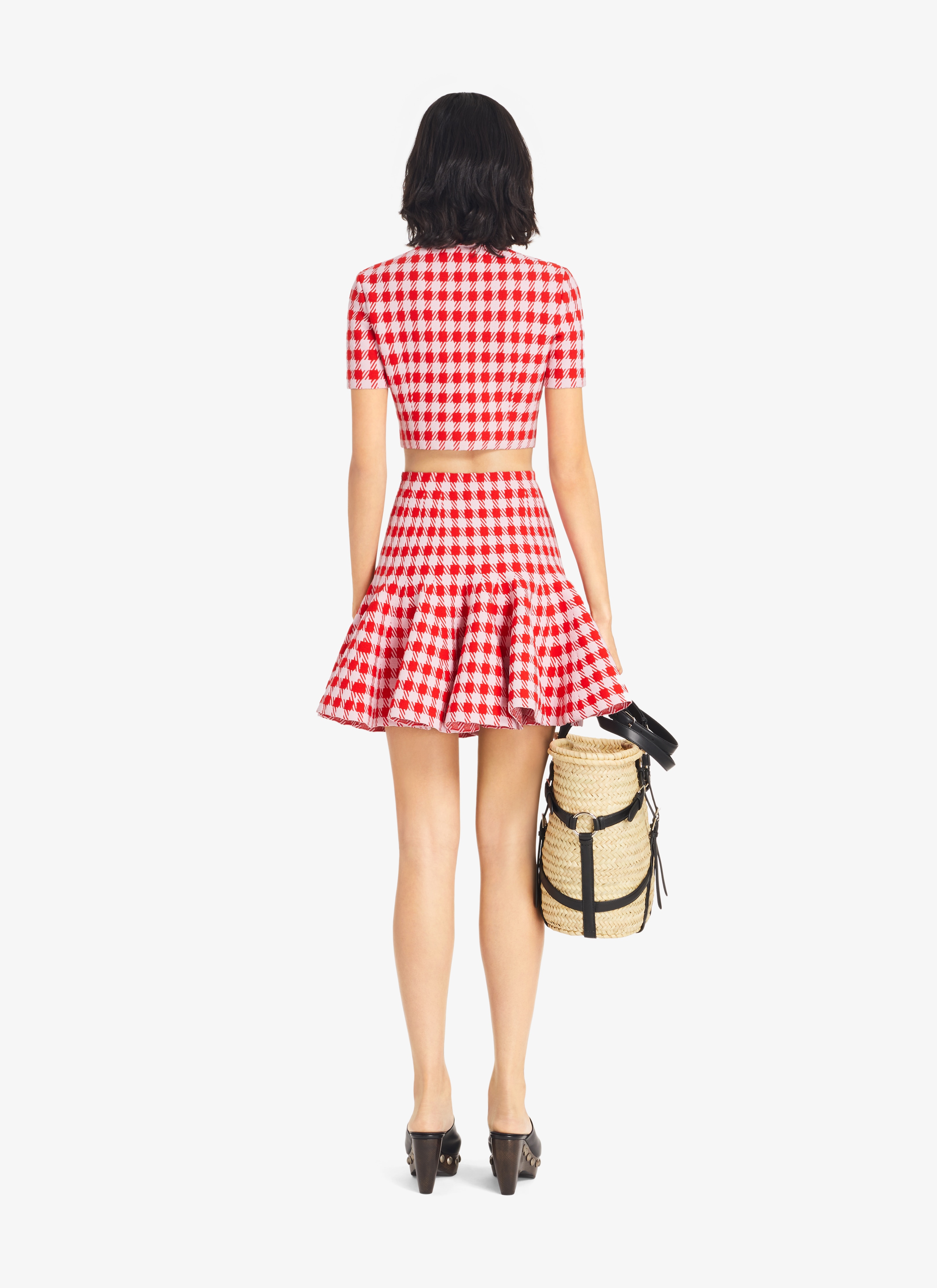 ALAÏA RED/PINK CHECK FLARED SKIRT