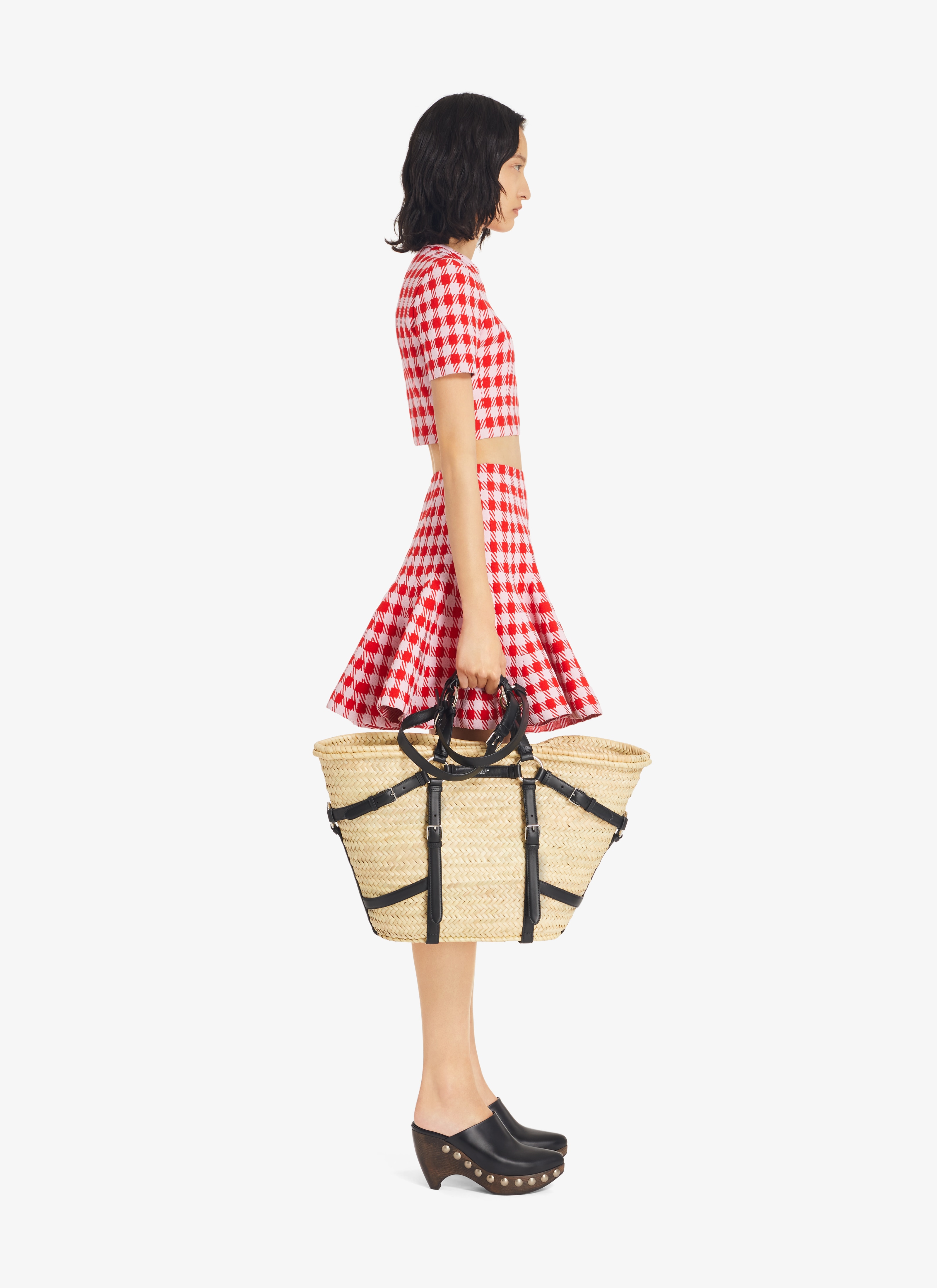 ALAÏA RED/PINK CHECK FLARED SKIRT