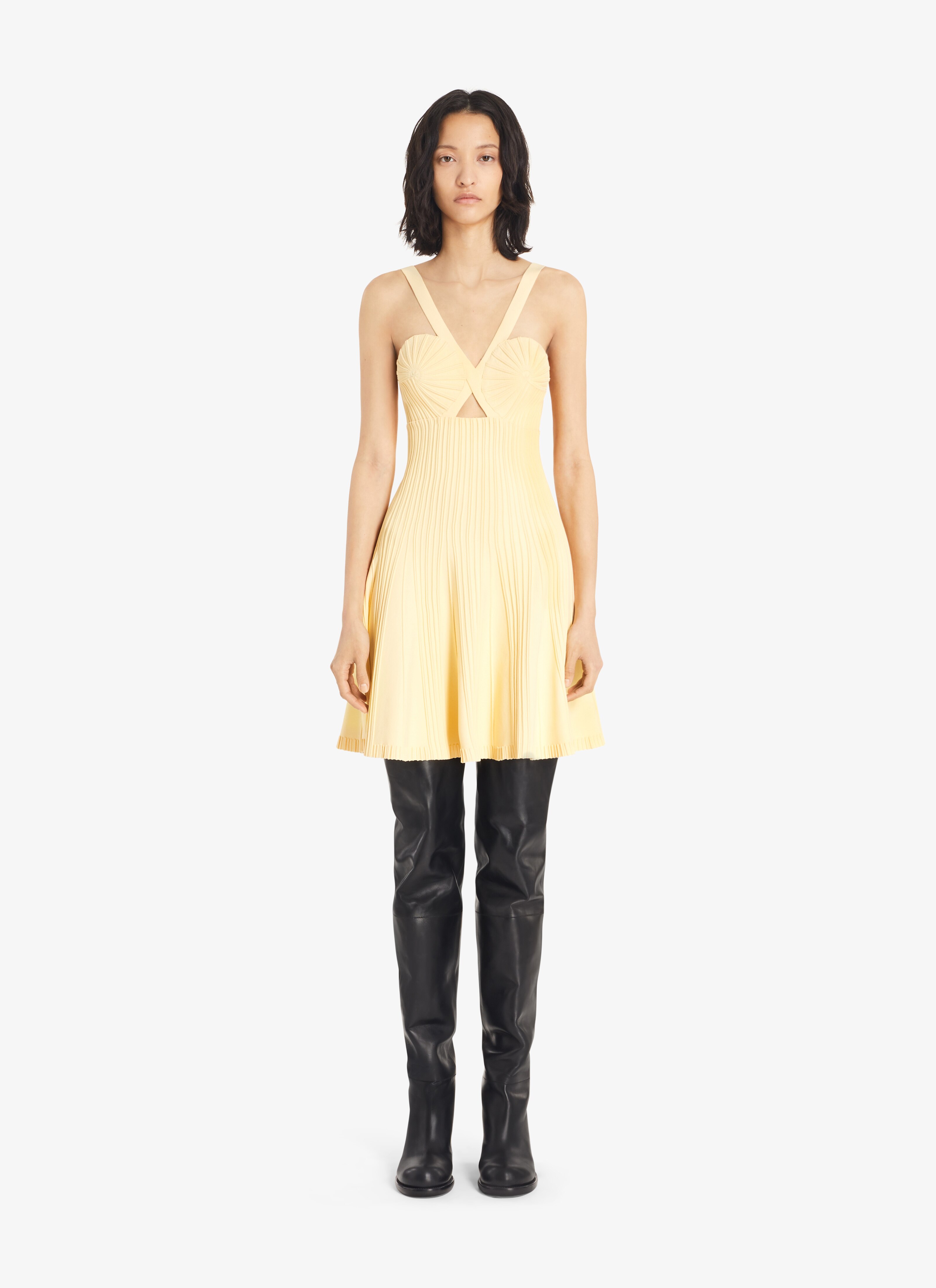 ALAÏA LIGHT YELLOW MINI-SKATERKLEID IN SPIRAL-OPTIK