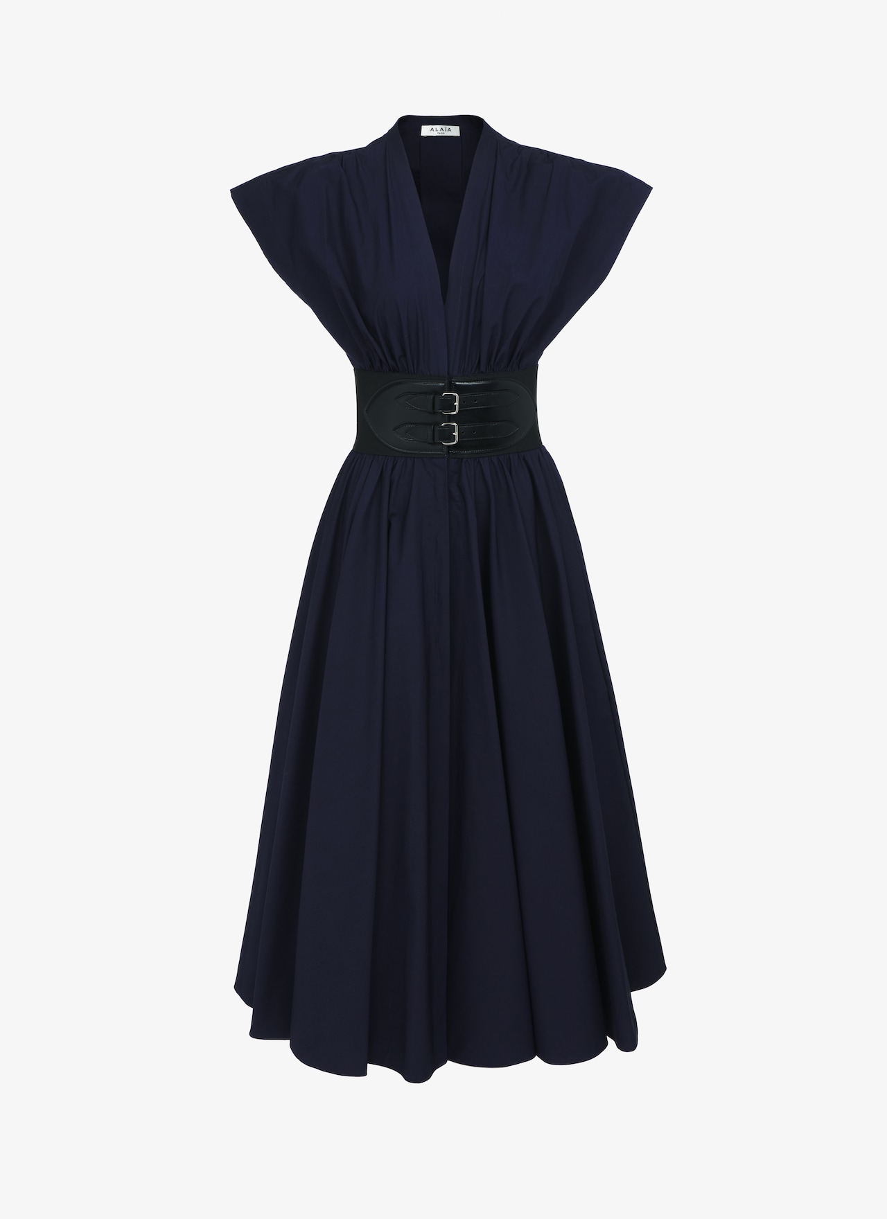 Robe Midi Ceinturée En Popeline Japonaise Marine | ALAÏA FR