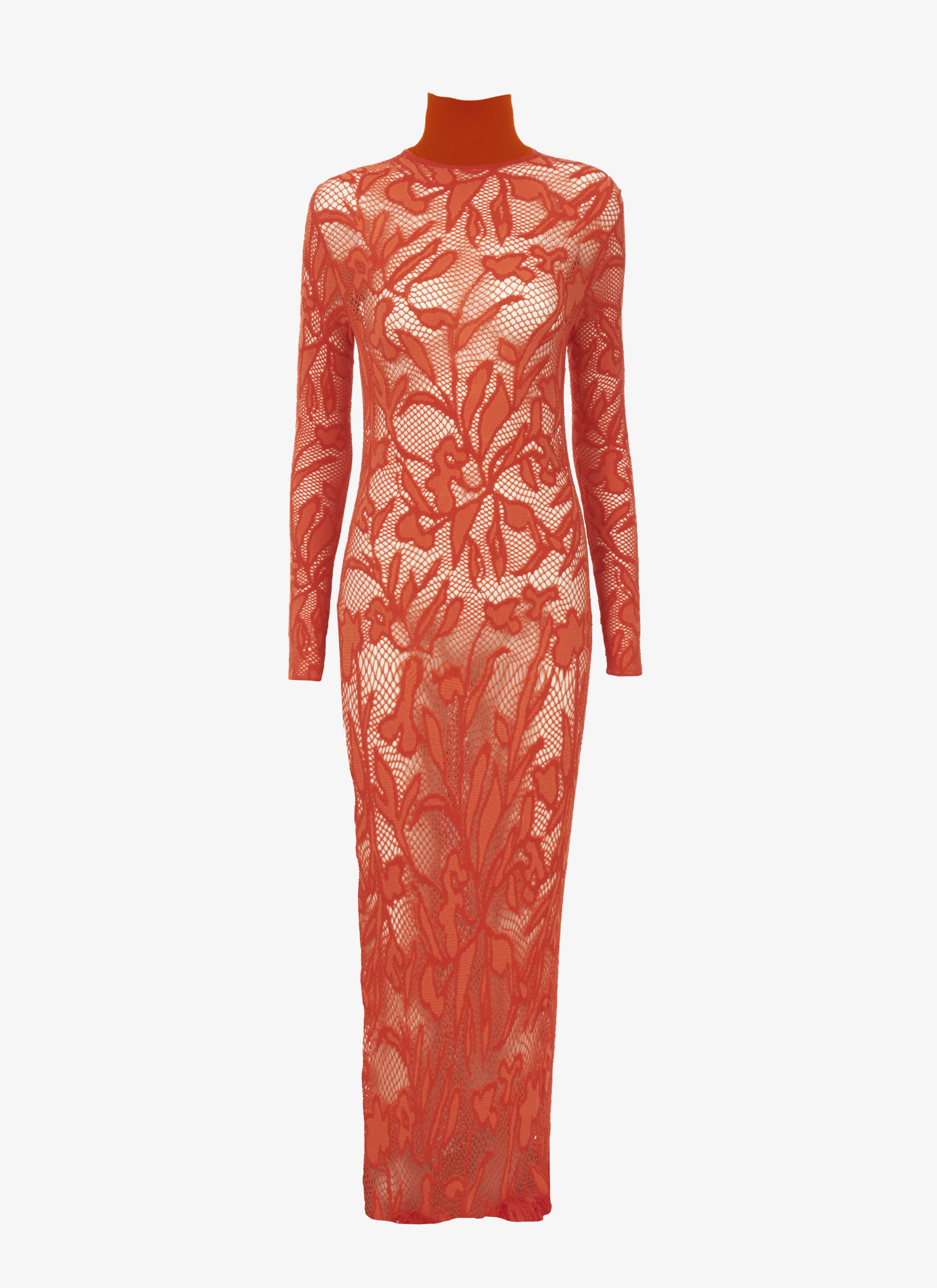 ALAÏA DARK ORANGE LONG DRESS IN STRECH LACE