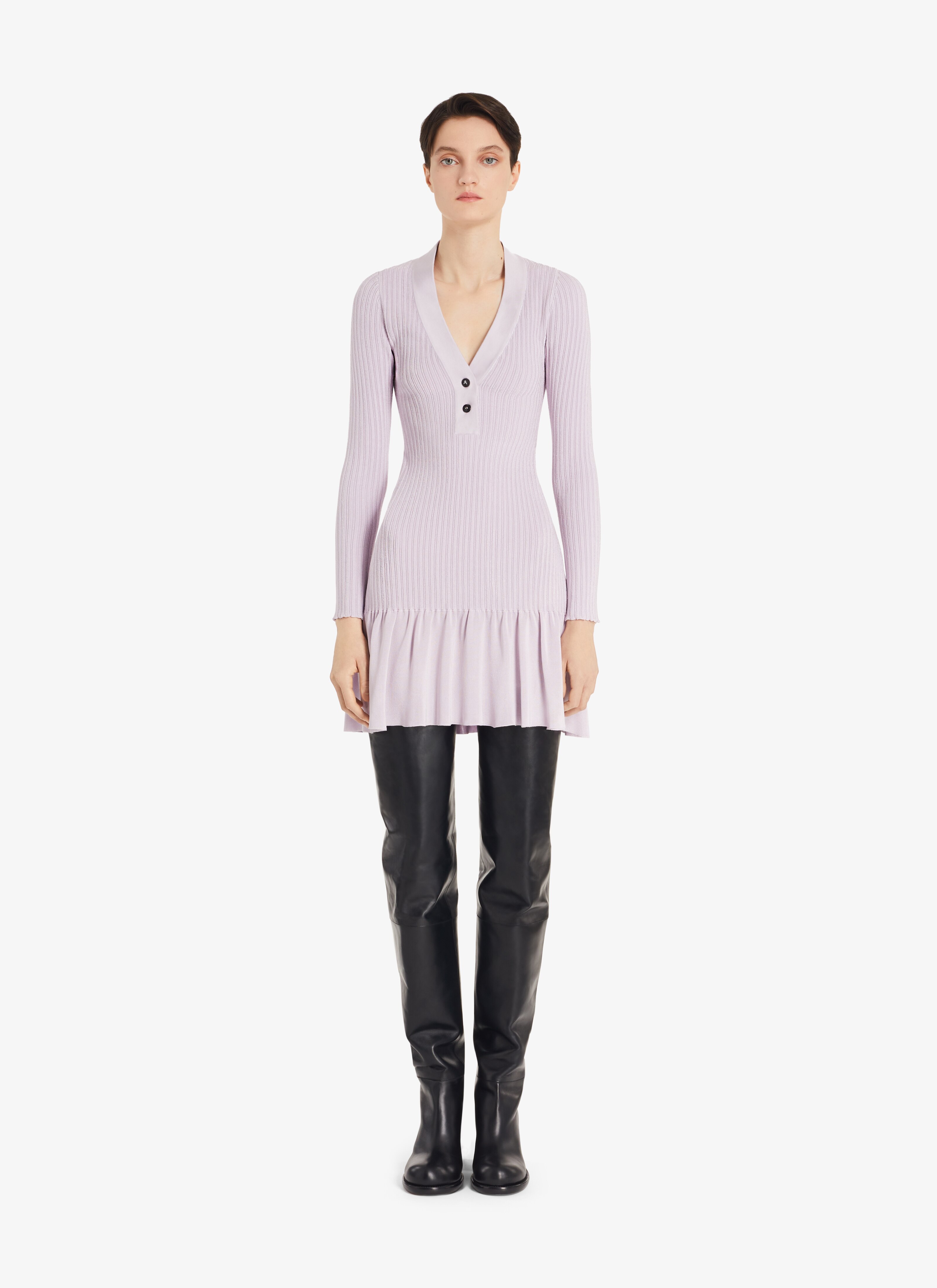 ALAÏA LILAC SHORT SHINY RIBBED DRESS
