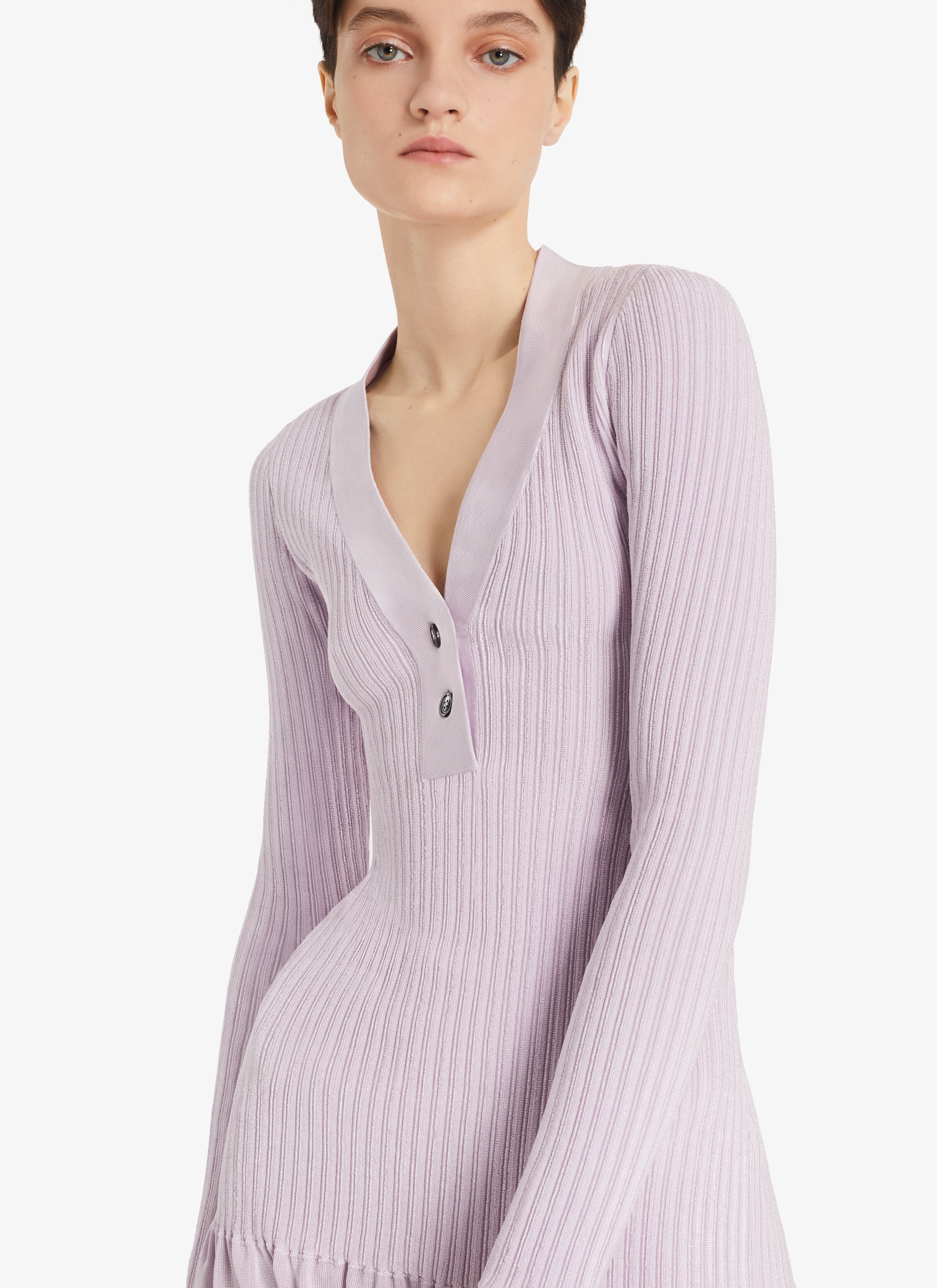 ALAÏA LILAC SHORT SHINY RIBBED DRESS