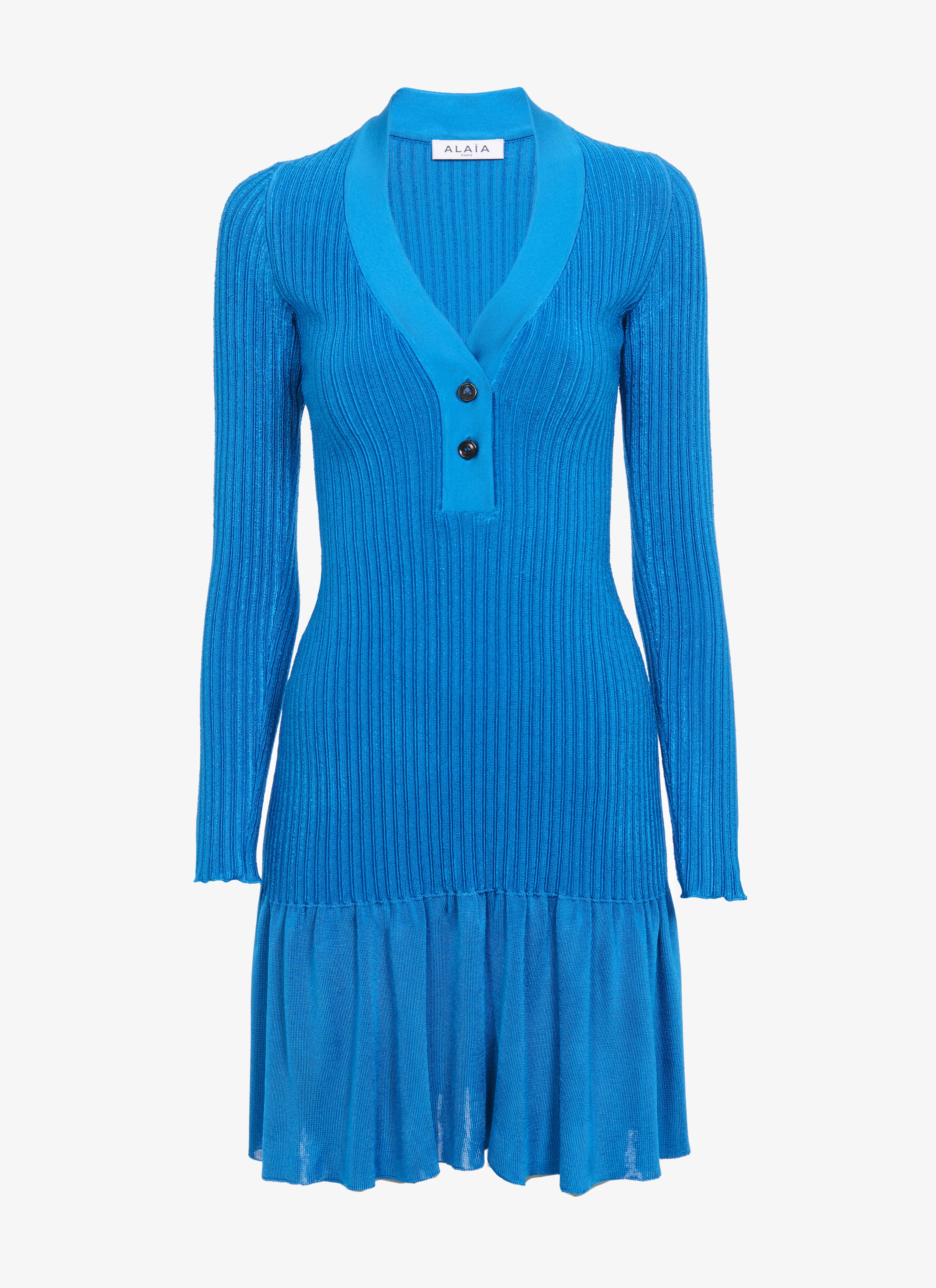 ALAÏA BLUE SHORT SHINY RIBBED DRESS
