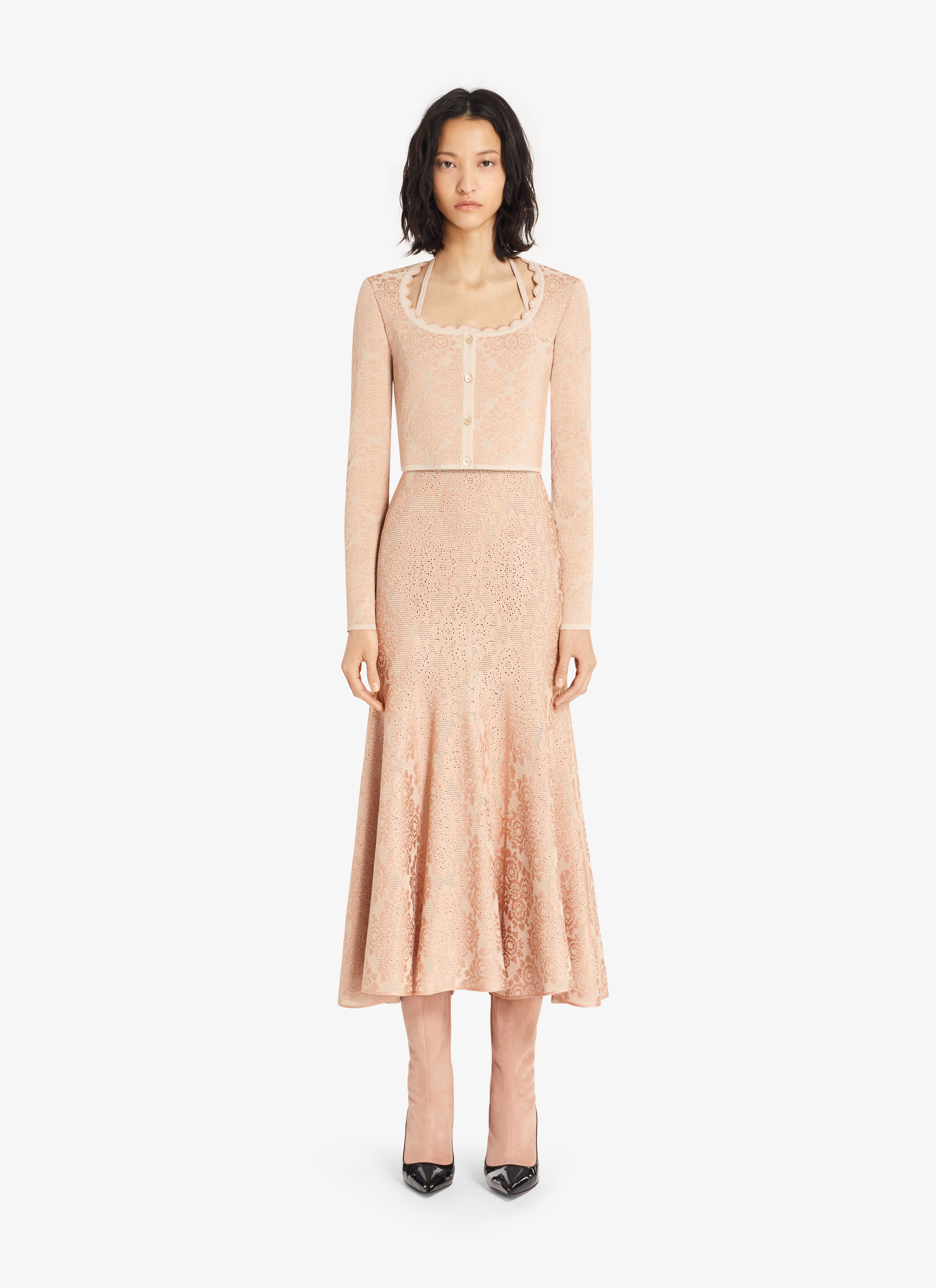 ALAÏA NUDE/ANTIQUE PINK LINGERIE CROPPED CARDIGAN