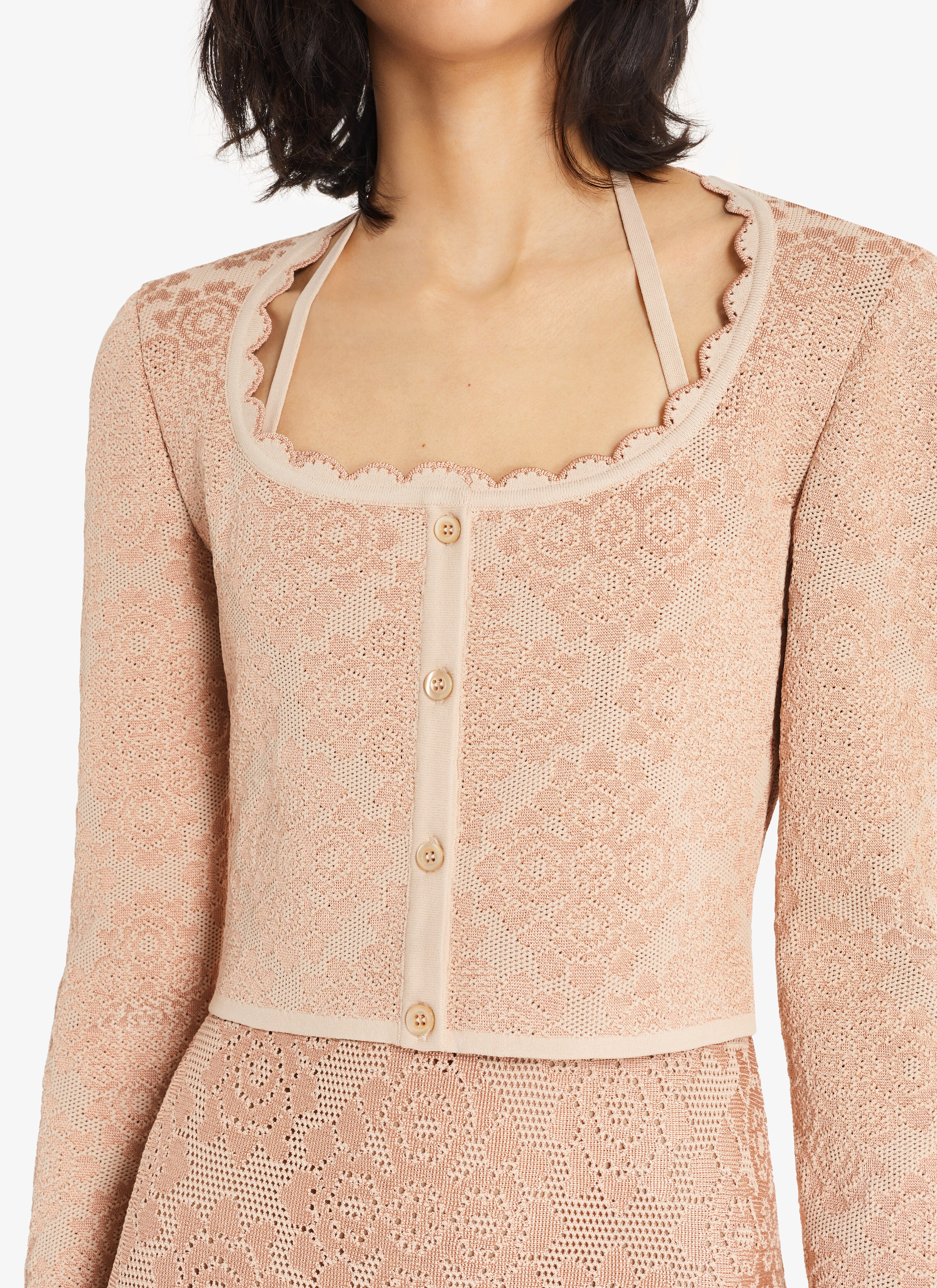 ALAÏA NUDE/ANTIQUE PINK LINGERIE CROPPED CARDIGAN