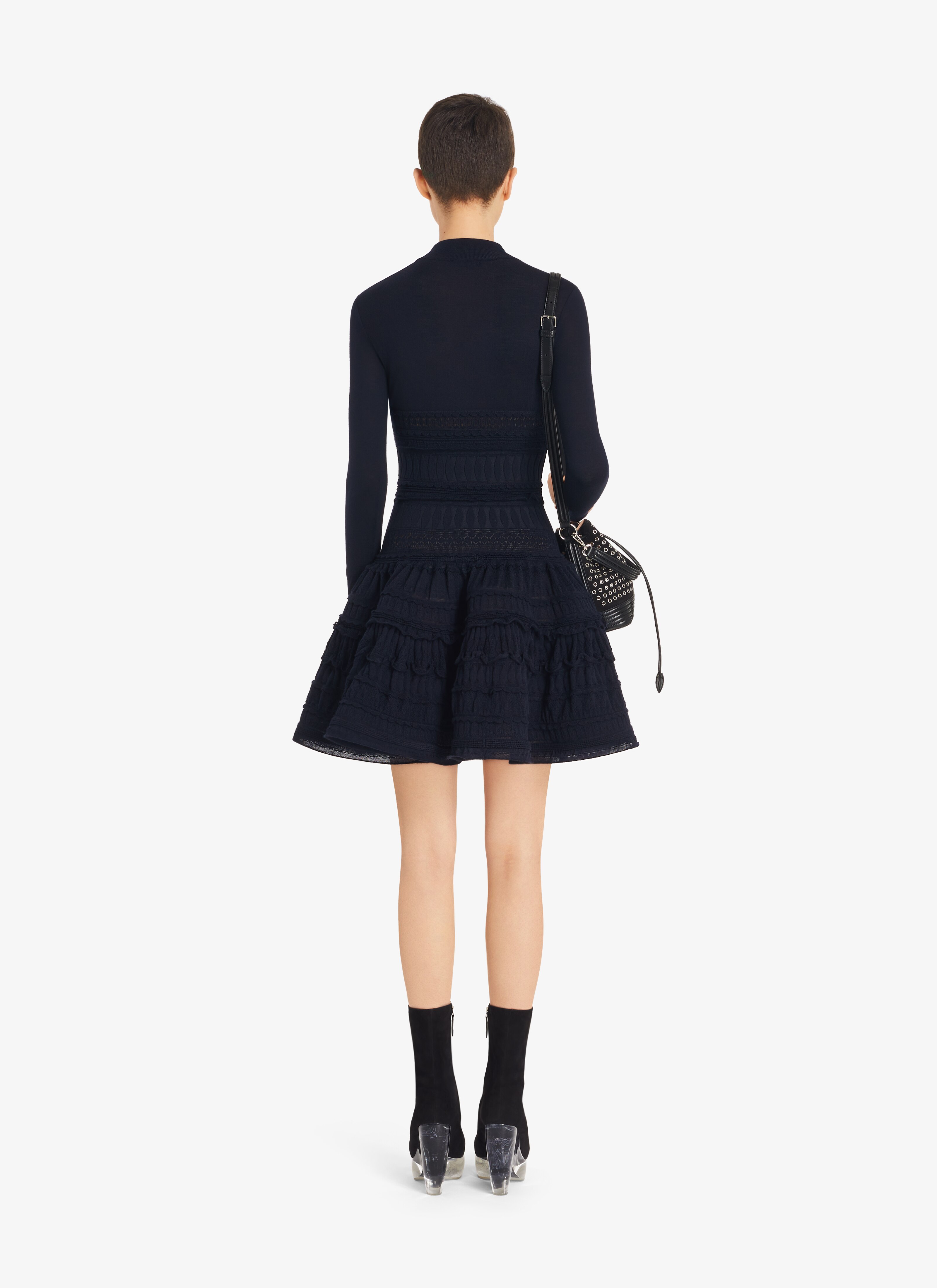 ALAÏA MARINE HIGH-NECK WOOL CRINOLINE DRESS