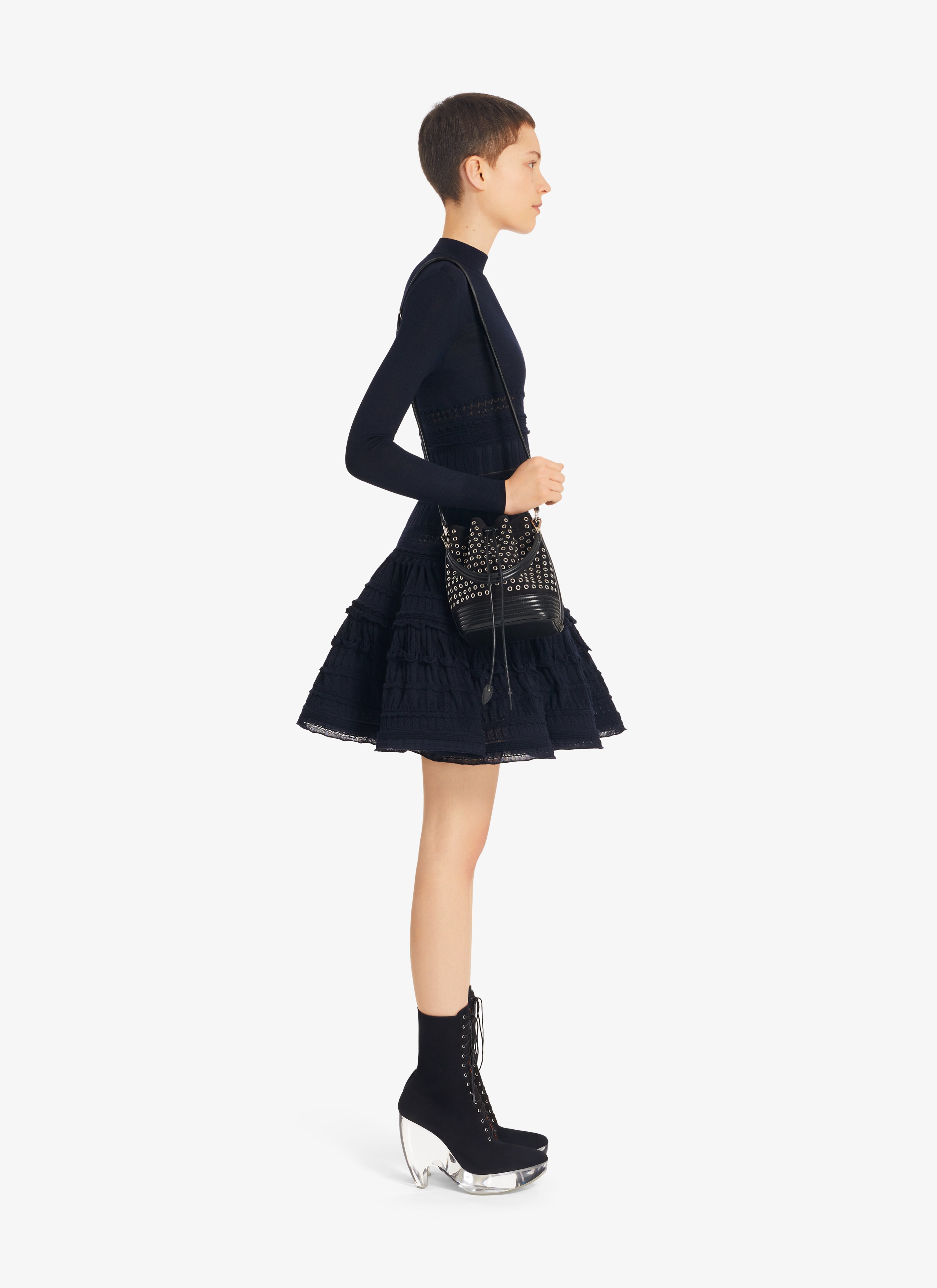 ALAÏA MARINE HIGH-NECK WOOL CRINOLINE DRESS