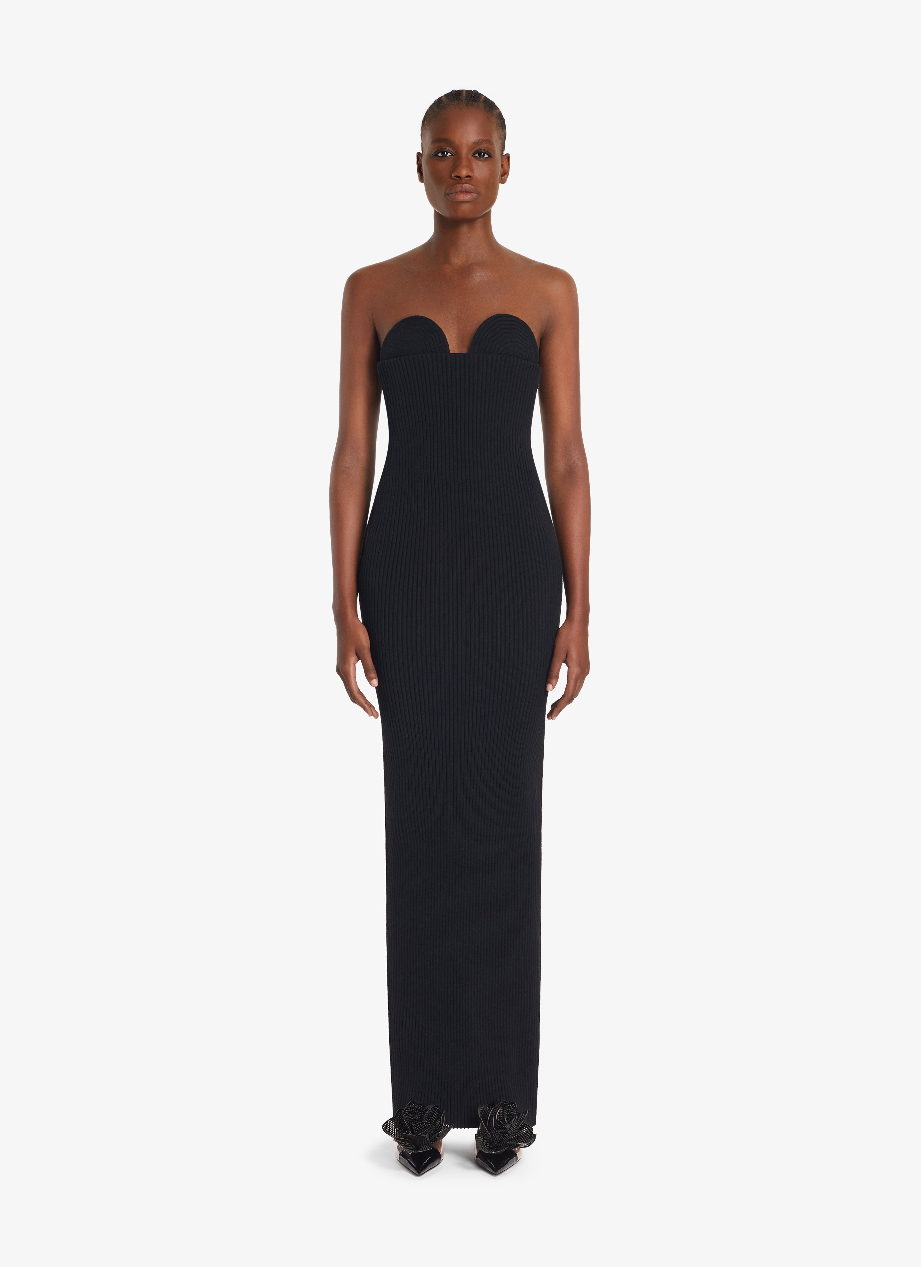 ALAÏA BLACK MOLDED RIB LONG DRESS