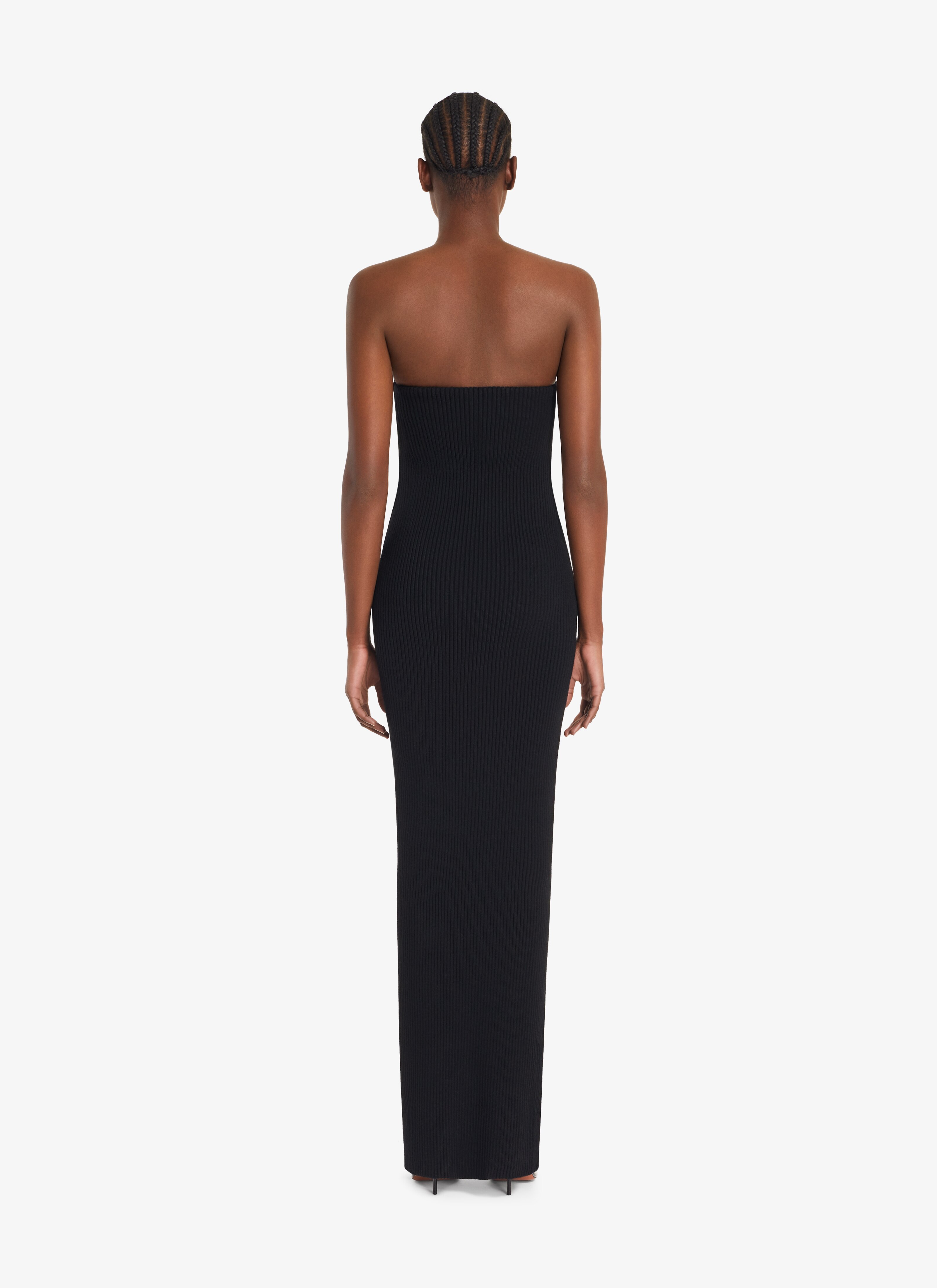 ALAÏA BLACK MOLDED RIB LONG DRESS