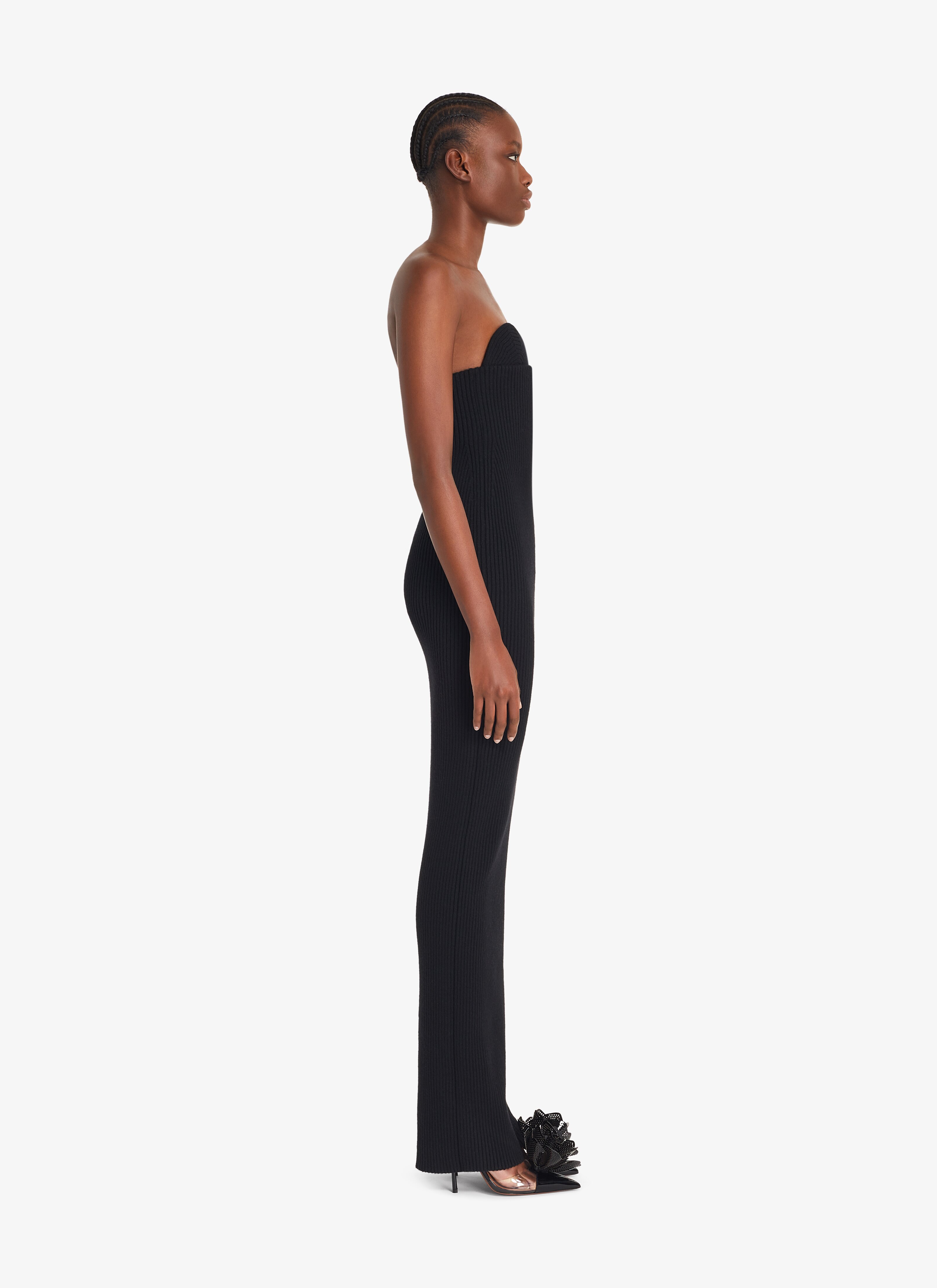 ALAÏA BLACK MOLDED RIB LONG DRESS