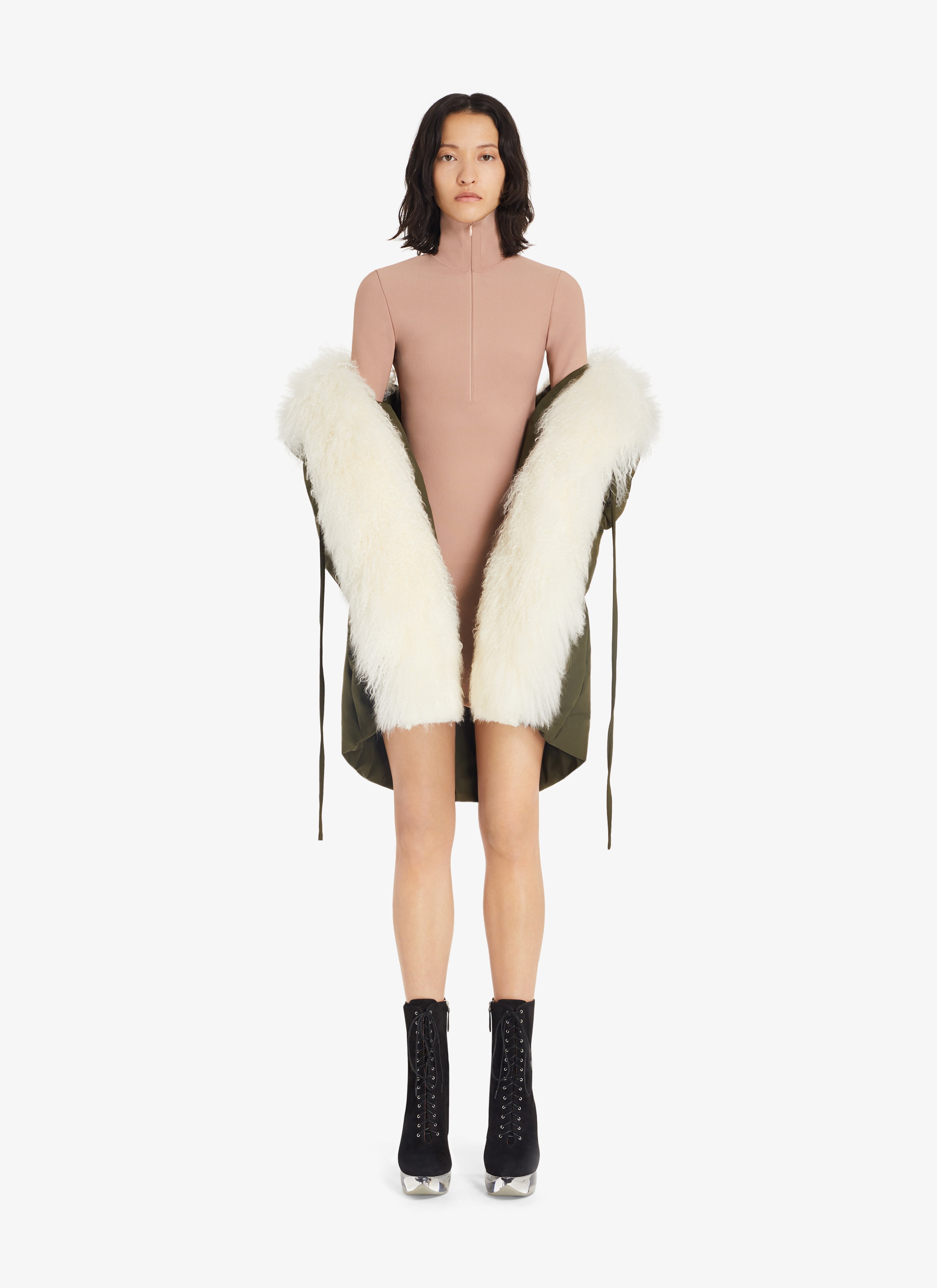 ALAÏA KHAKI OVERSIZE PARKA WITH FUR